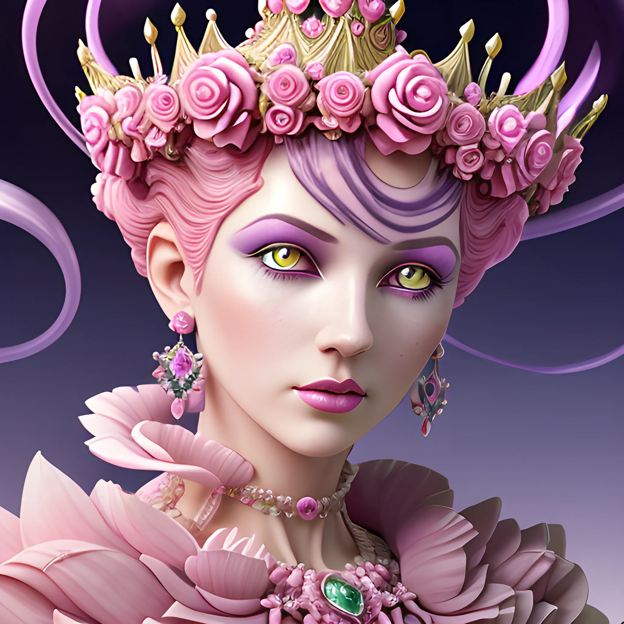 Close up of Woman wearing pink, art deco, earrings, bejeweled crown of roses, pink hair, purple eyes, eyes are purple color, digital illustration style, otherworldly landscape with floating islands, cascading streams and vibrant flora and fauna. Very detailed and high quality, 3D, 3D, 3D, 3D, 3D, 3D