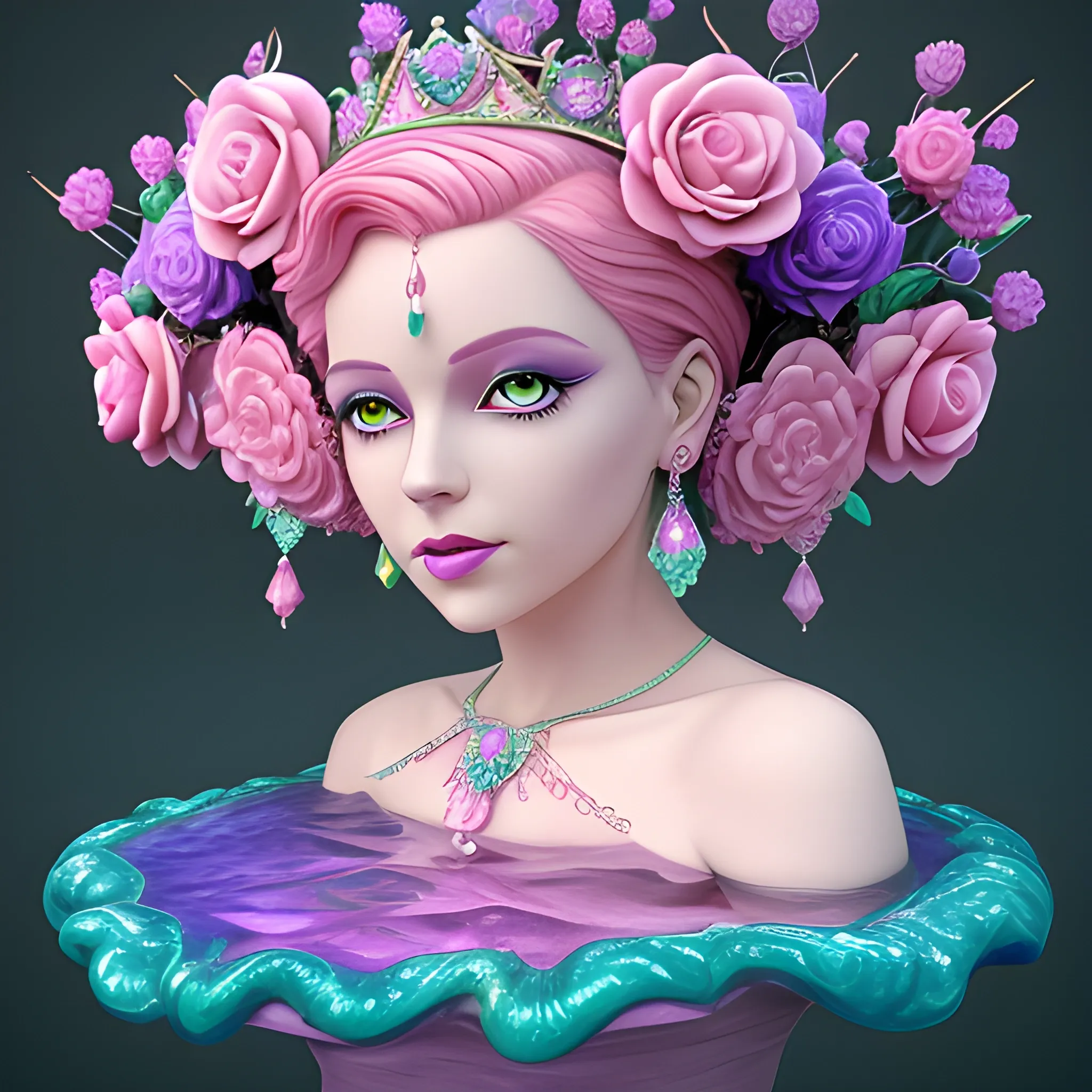 Close up of Woman wearing pink, art deco, earrings, bejeweled crown of roses, pink hair, purple eyes, eyes are colored purple, digital illustration style, otherworldly landscape with floating islands, cascading streams and vibrant flora and fauna. Very detailed and high quality, 3D, 3D, 3D, 3D, 3D, 3D, 3D