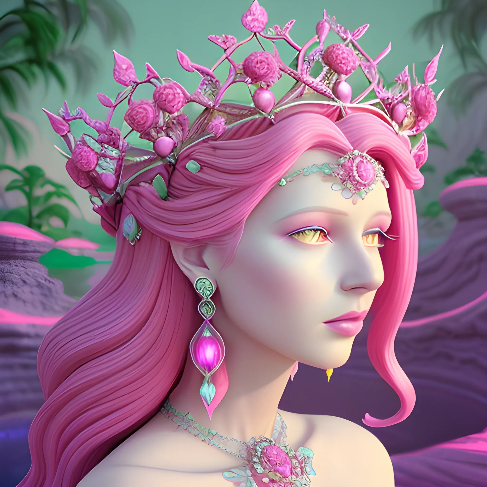 Close up of Woman wearing pink, art deco, earrings, bejeweled crown of roses, pink hair, purple eyes, digital illustration style, otherworldly landscape with floating islands, cascading streams and vibrant flora and fauna. Very detailed and high quality, 3D, 3D, 3D, 3D, 3D, 3D, 3D, 3D