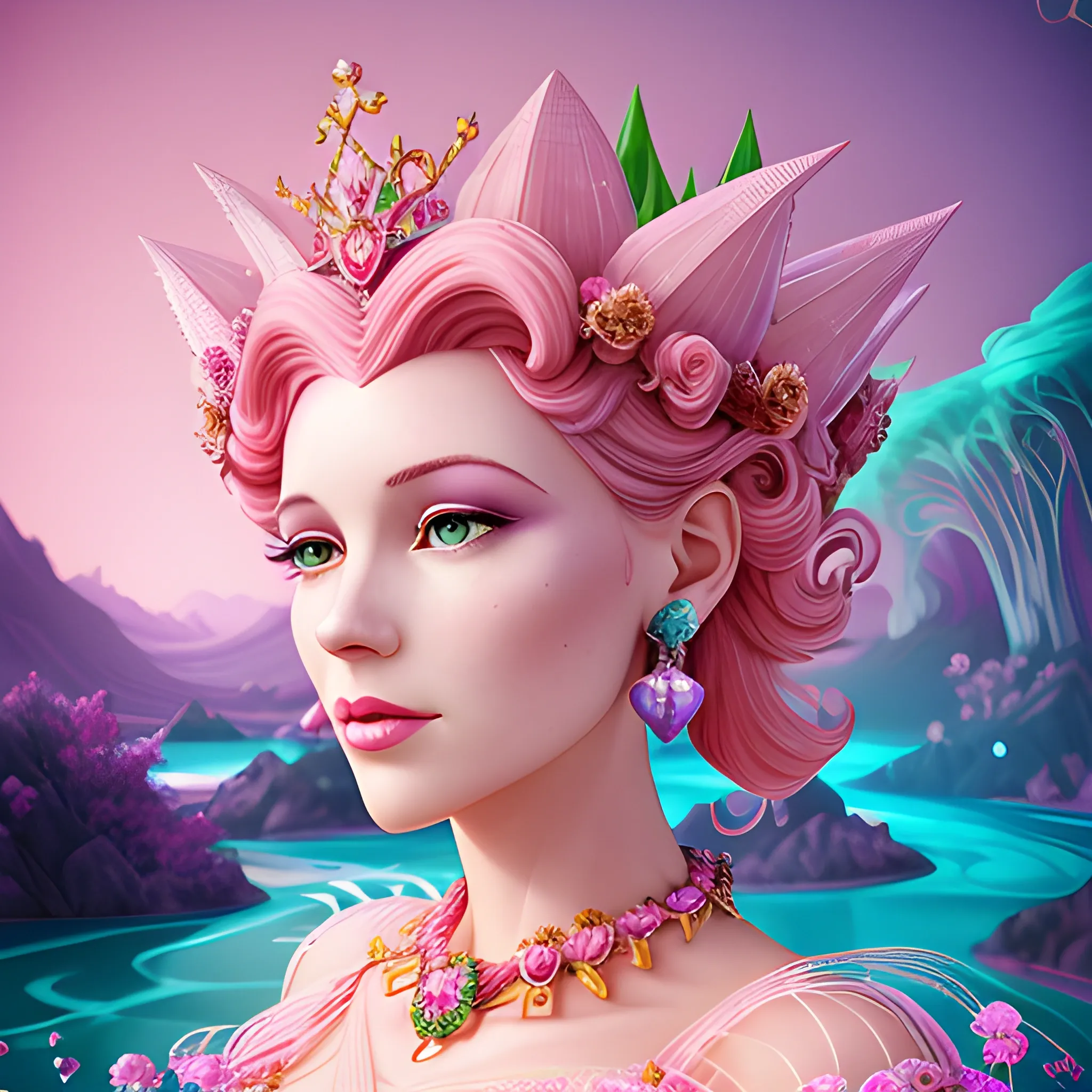 Close up of Woman wearing pink, art deco, earrings, bejeweled crown of roses, pink hair, purple eyes, digital illustration style, otherworldly landscape with floating islands, cascading streams and vibrant flora and fauna. Very detailed and high quality, 3D, 3D, 3D,