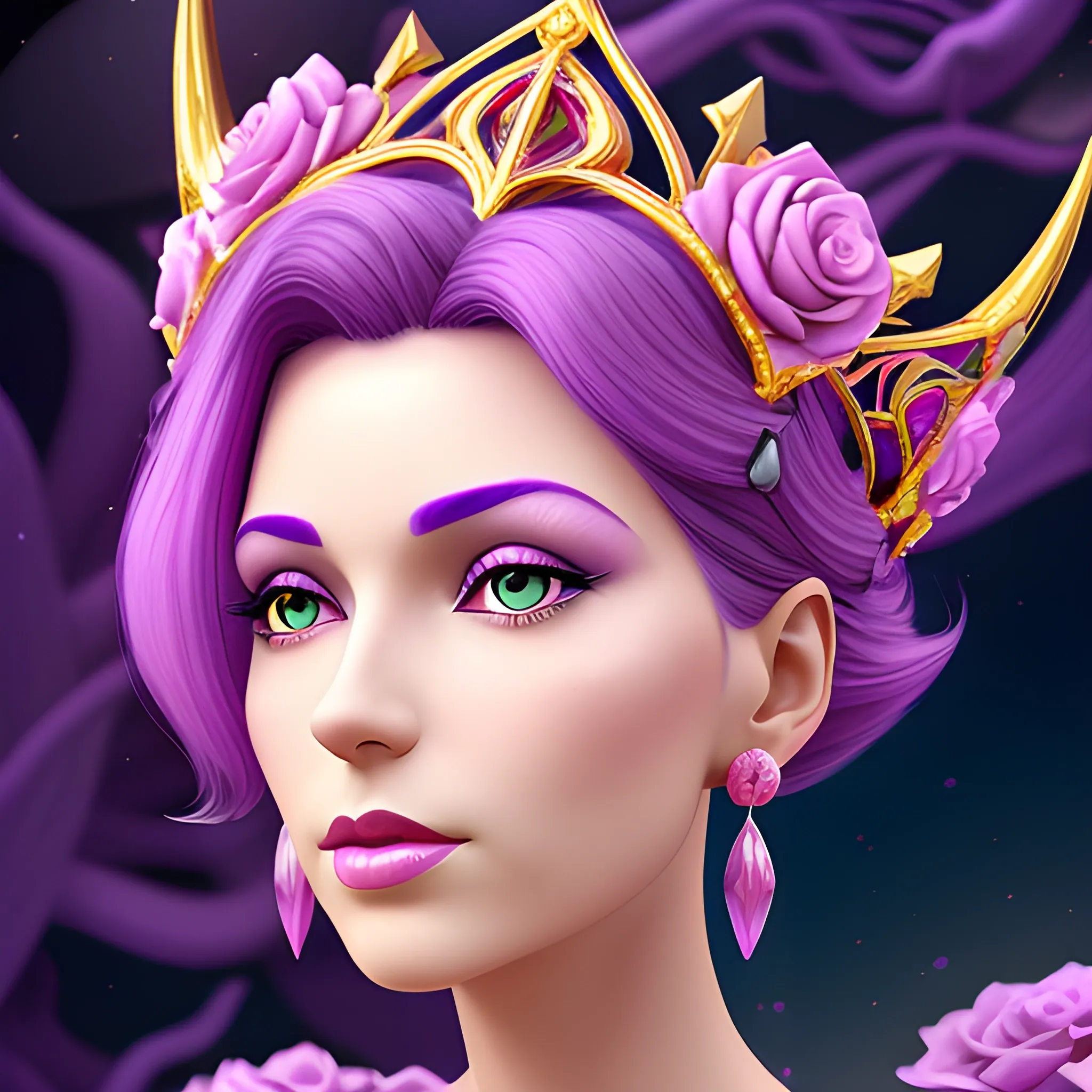 Close up of Woman purple wearing pink, art deco, earrings, bejeweled crown of roses, pink hair, purple eyes, digital illustration style, otherworldly landscape with floating islands, cascading streams and vibrant flora and fauna. Very detailed and high quality, 3D, 3D, 3D,