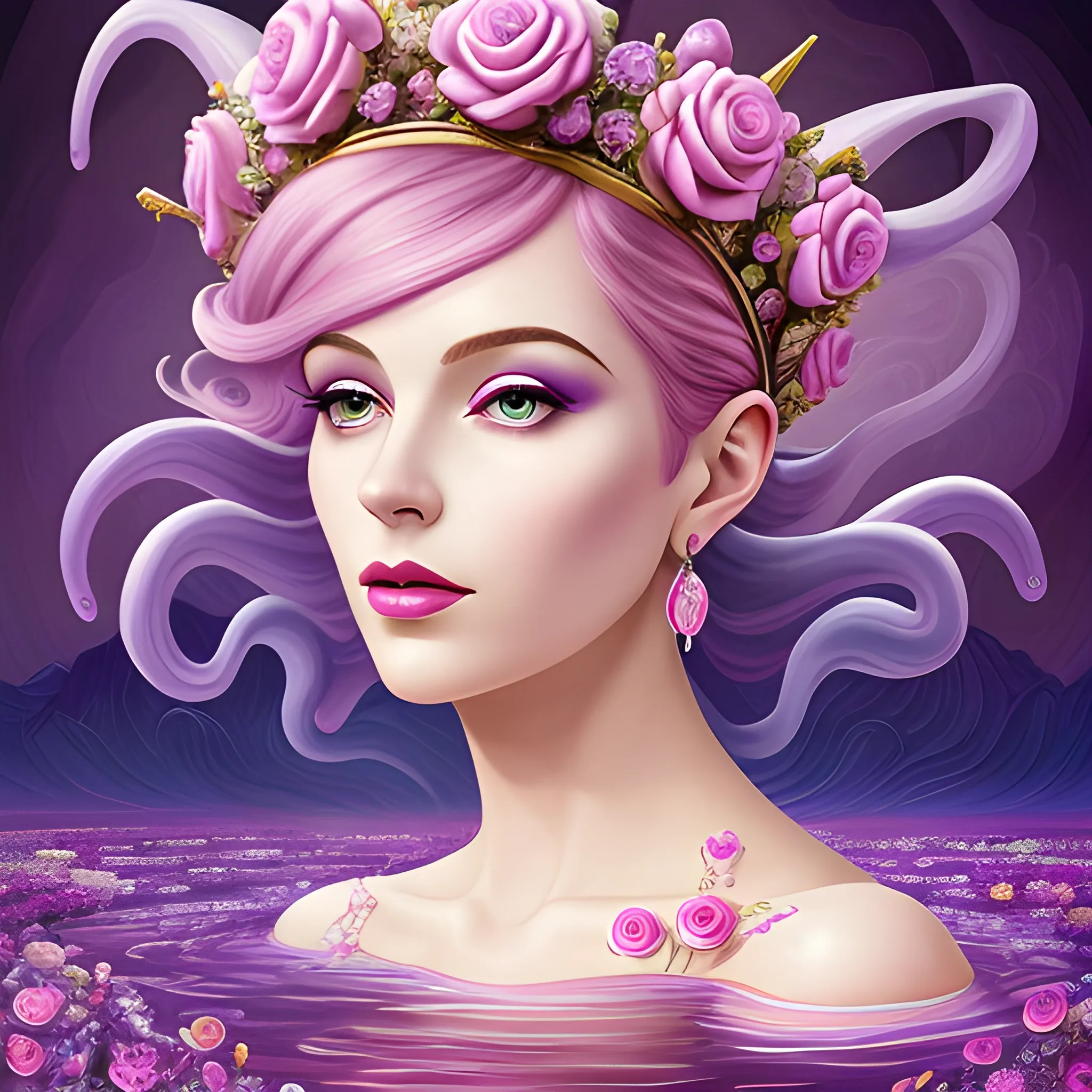 Close up of Woman purple wearing pink, art deco, earrings, bejeweled crown of roses, pink hair, purple eyes, digital illustration style, otherworldly landscape with floating islands, cascading streams and vibrant flora and fauna. Very detailed and high quality, , Oil Painting