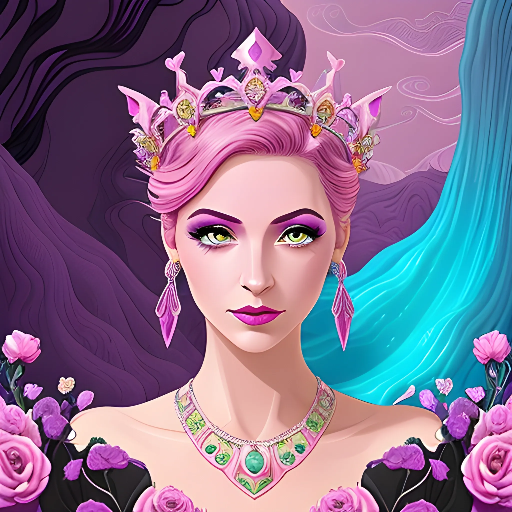 Close up of Woman purple wearing pink, art deco, earrings, bejeweled crown of roses, pink hair, purple eyes, digital illustration style, otherworldly landscape with floating islands, cascading streams and vibrant flora and fauna. Very detailed and high quality, , Cartoon