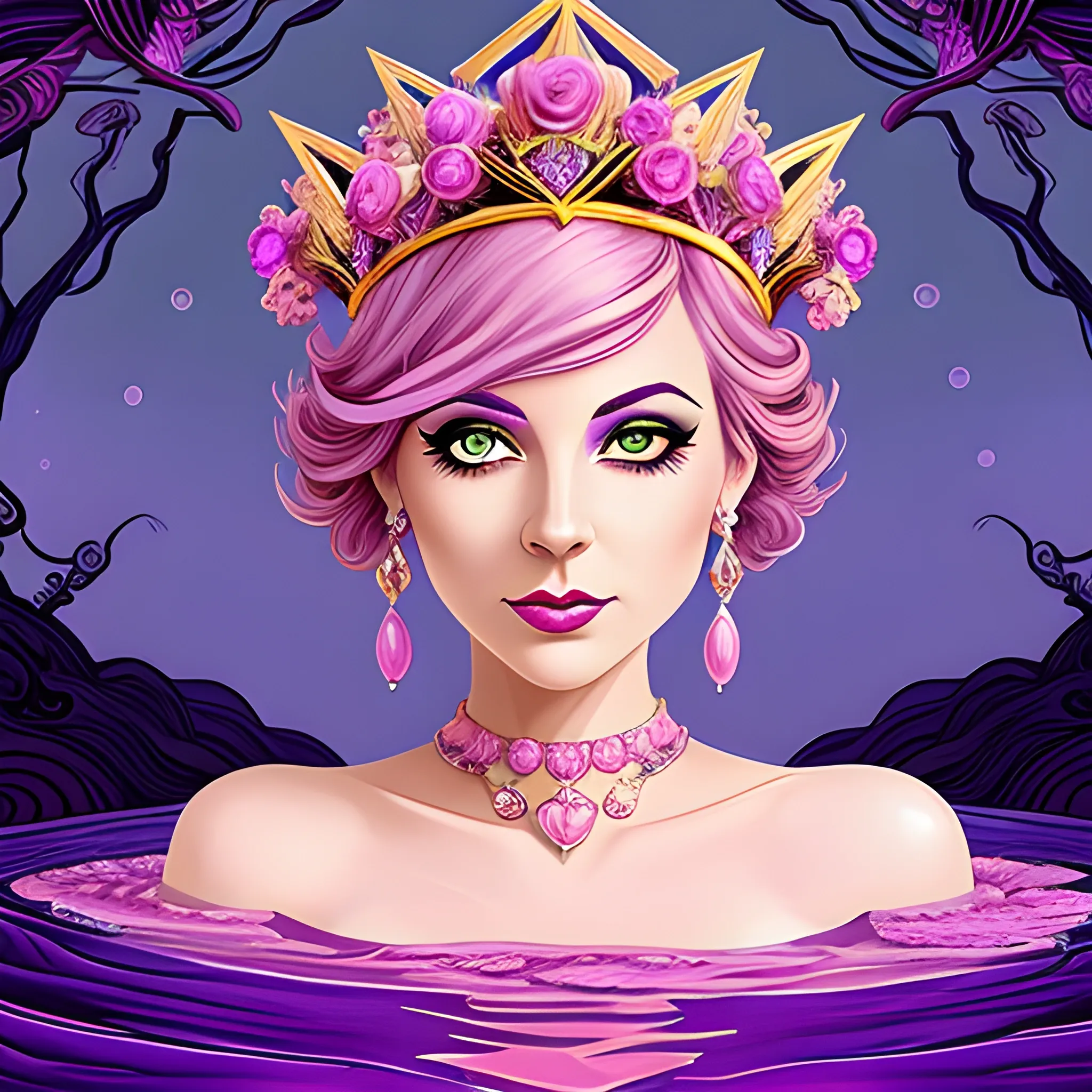 Close up of Woman purple wearing pink, art deco, earrings, bejeweled crown of roses, pink hair, purple eyes, digital illustration style, otherworldly landscape with floating islands, cascading streams and vibrant flora and fauna. Very detailed and high quality, , Cartoon