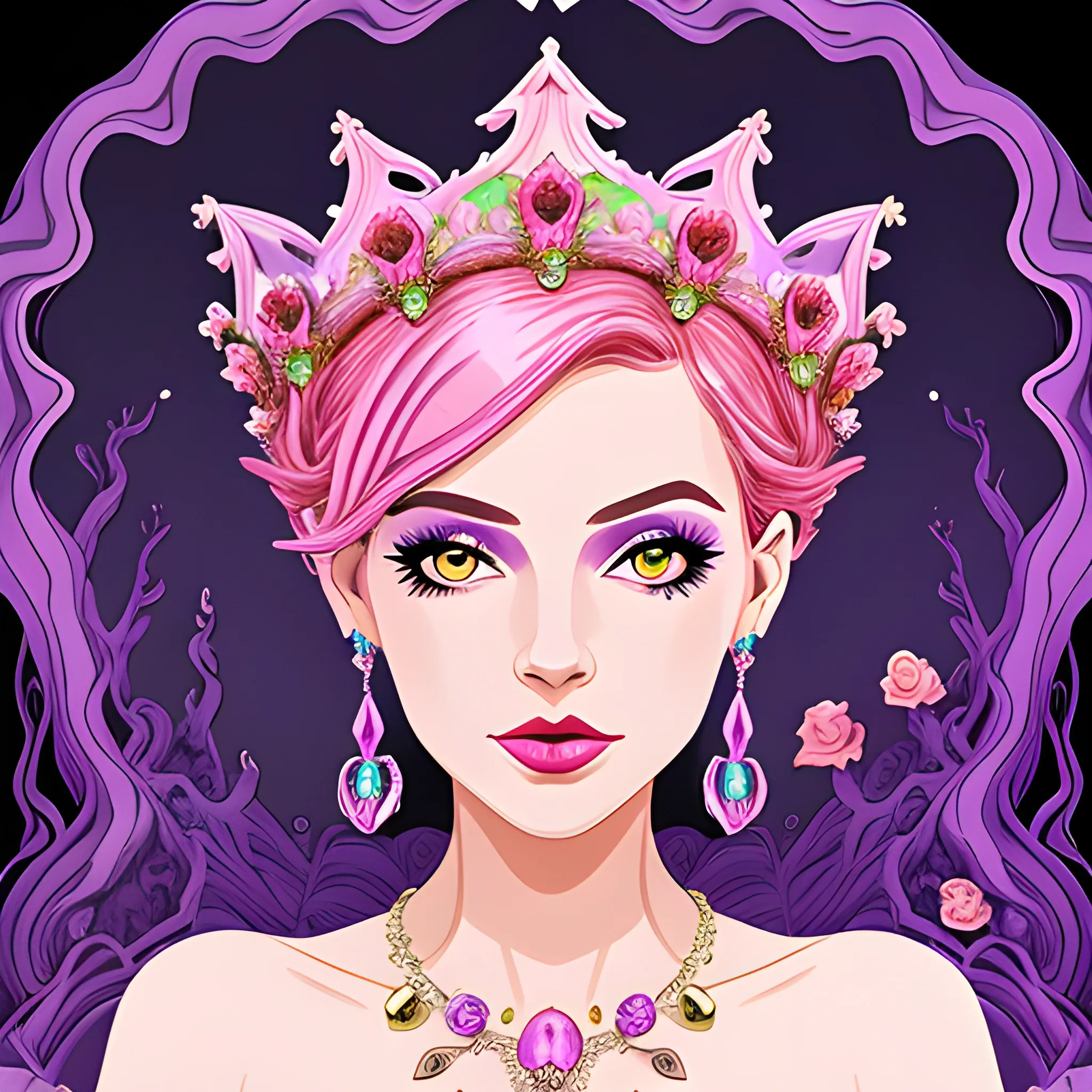 Close up of Woman purple wearing pink, art deco, earrings, bejeweled crown of roses, pink hair, purple eyes, digital illustration style, otherworldly landscape with floating islands, cascading streams and vibrant flora and fauna. Very detailed and high quality, , Cartoon