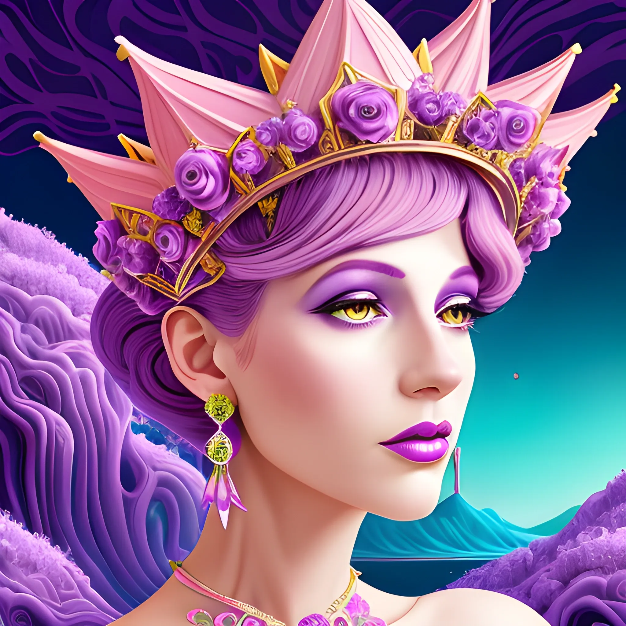 Close up of Woman purple wearing pink, art deco, earrings, bejeweled crown of roses, pink hair, purple eyes, digital illustration style, otherworldly landscape with floating islands, cascading streams and vibrant flora and fauna. Very detailed and high quality, , Trippy