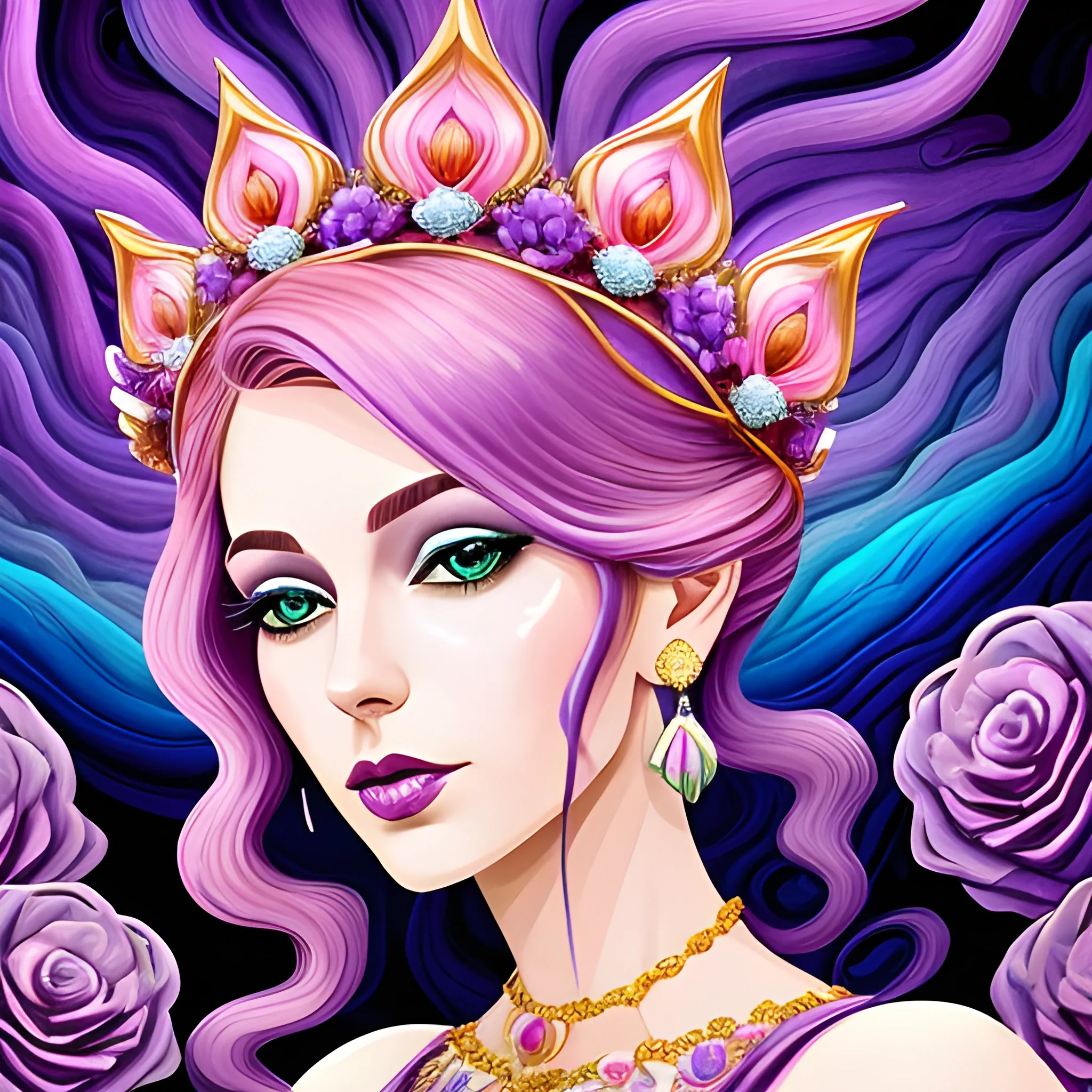 Close up of Woman purple wearing pink, art deco, earrings, bejeweled crown of roses, pink hair, purple eyes, digital illustration style, otherworldly landscape with floating islands, cascading streams and vibrant flora and fauna. Very detailed and high quality, , Trippy, Water Color