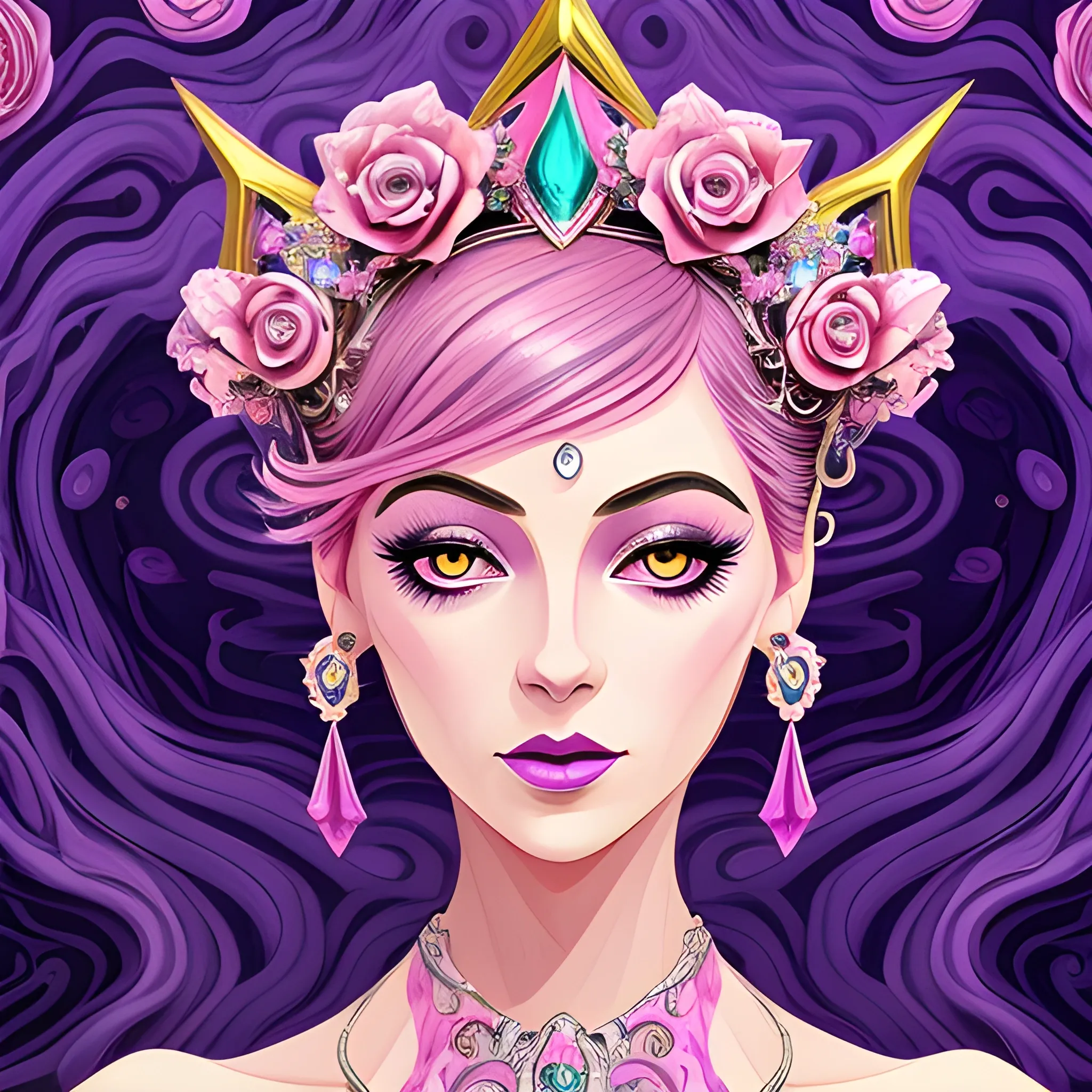 Close up of Woman purple wearing pink, art deco, earrings, bejeweled crown of roses, pink hair, purple eyes, digital illustration style, otherworldly landscape with floating islands, cascading streams and vibrant flora and fauna. Very detailed and high quality, , Trippy, Water Color