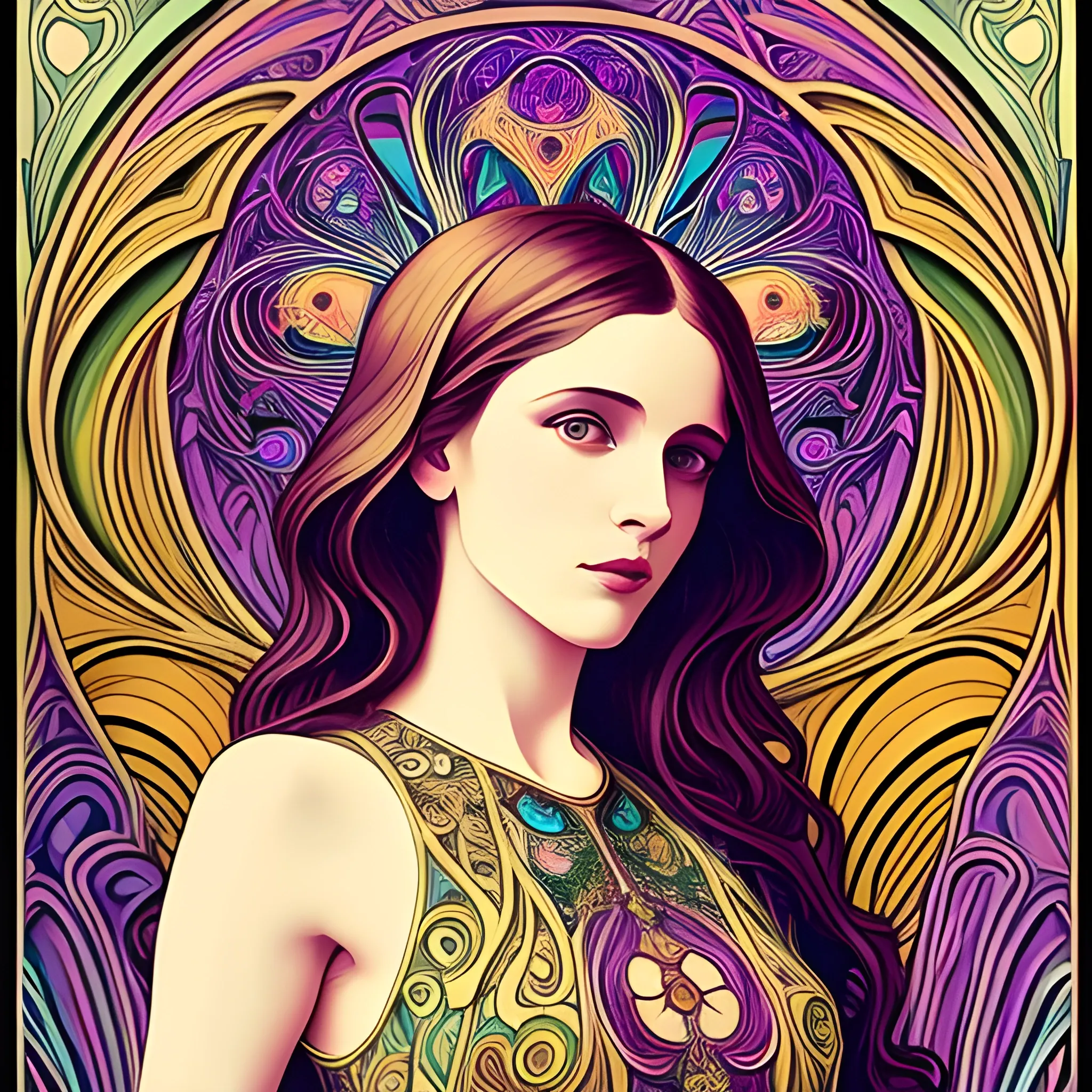 Art Nouveau painting, true aesthetics, stylish fashion shot of a beautiful woman posing in front of a psychedelic art nouveau style. Highly detailed, highest quality