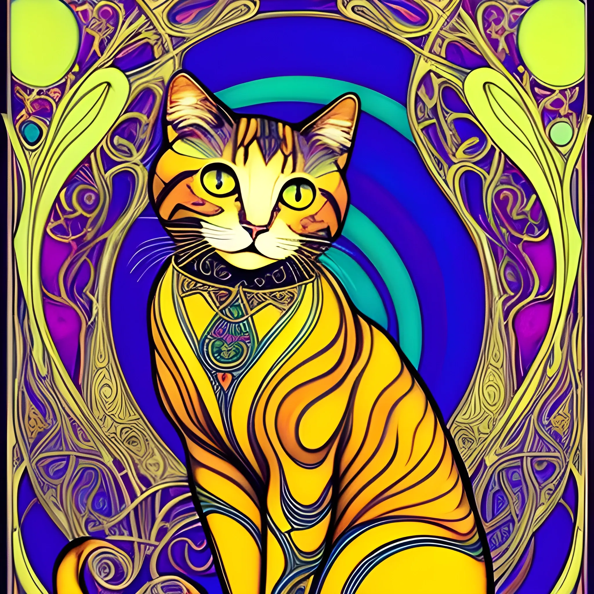 Art Nouveau painting, true aesthetics, stylish fashion shot of a beautiful cat posing in front of a psychedelic art nouveau style. Highly detailed, highest quality