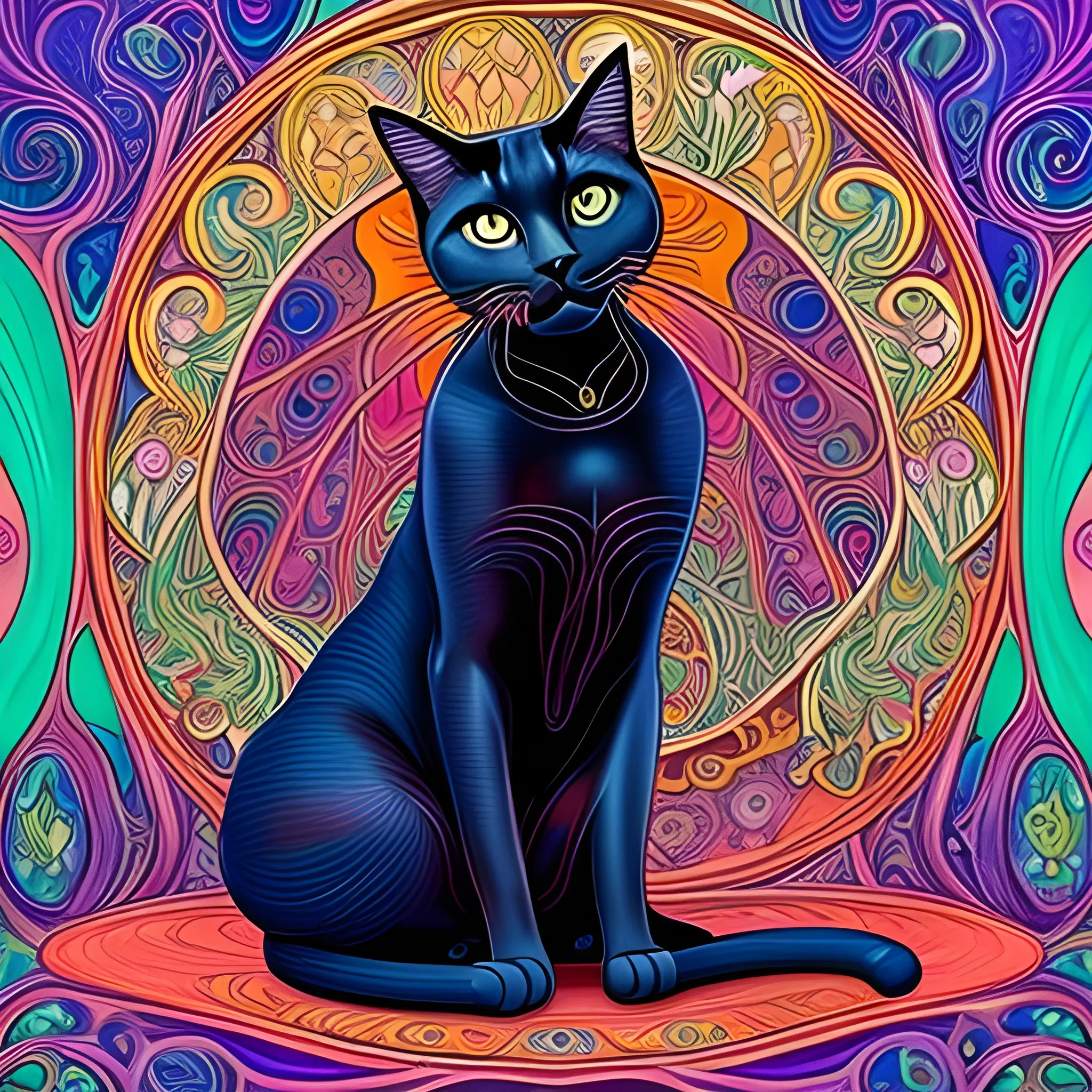 Art Nouveau painting, true aesthetics, stylish fashion shot of a beautiful cat posing in front of a psychedelic art nouveau style. Highly detailed, highest quality, Oil Painting