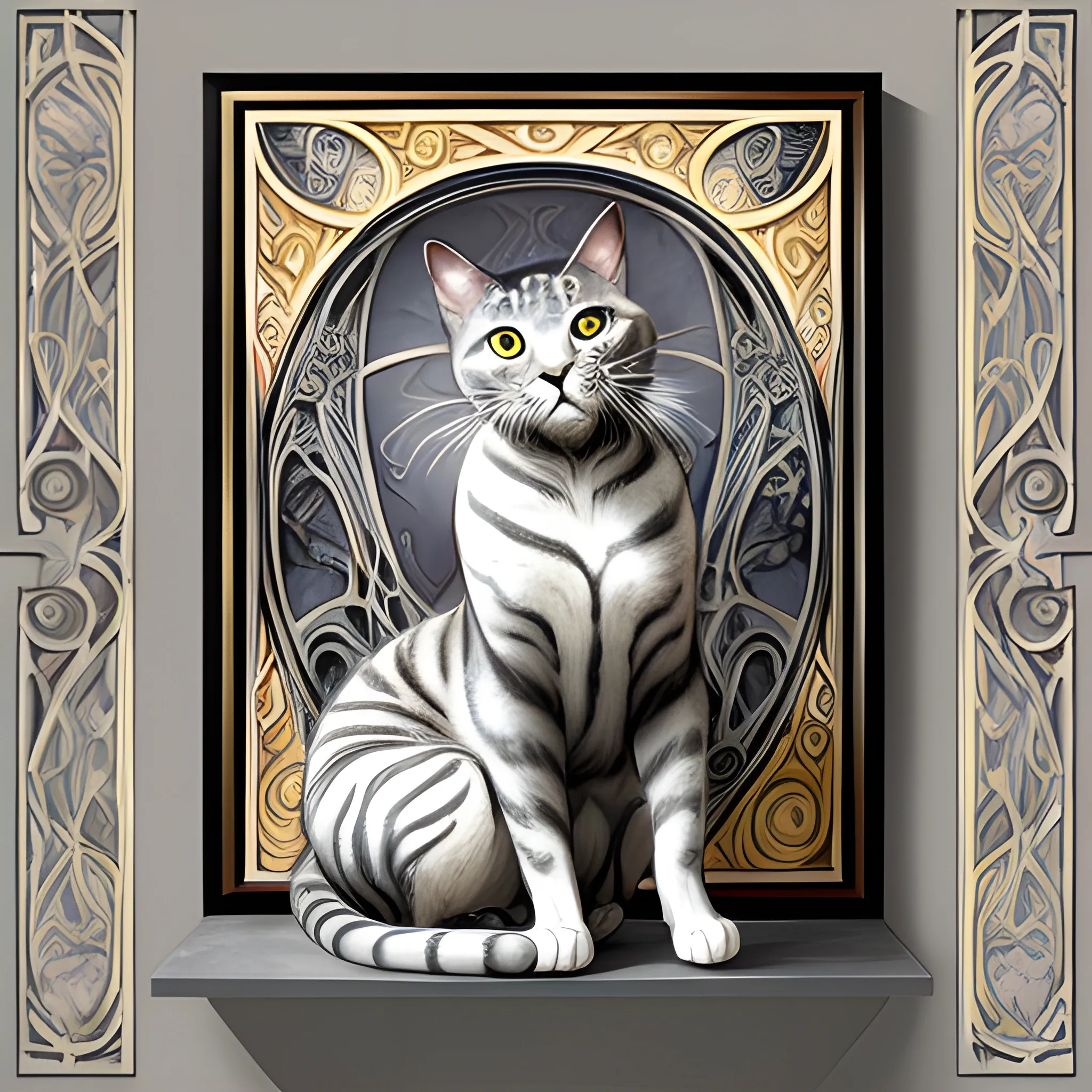 Art Nouveau painting, true aesthetics, stylish fashion shot of a beautiful grey cat, tyger looking,  posing in front of art nouveau style. Highly detailed, highest quality, Oil Painting