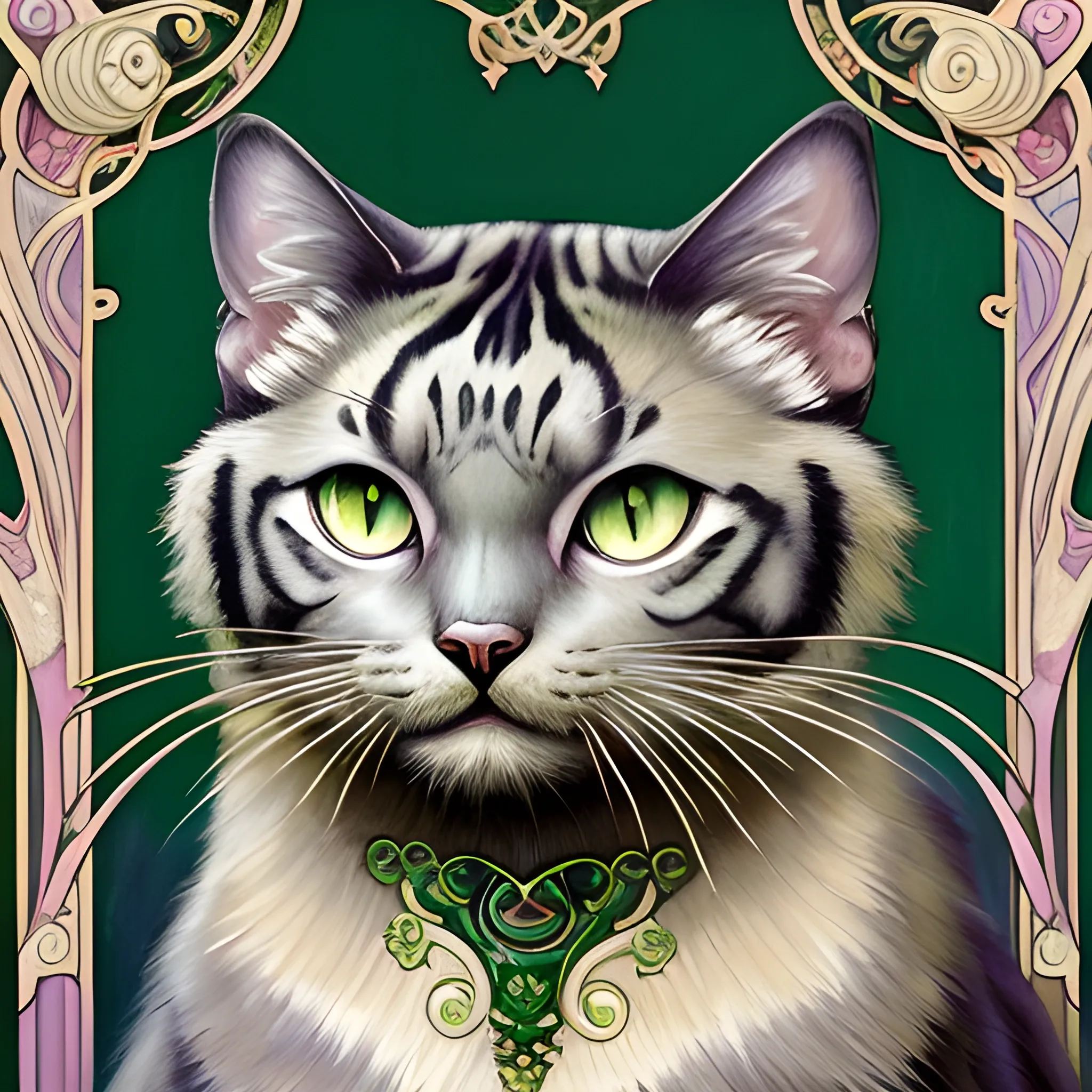 Art Nouveau painting, true aesthetics, stylish fashion shot of a beautiful grey cat, tyger looking, nice big green eyes,  posing in front of colorfull art nouveau style. Highly detailed, highest quality, fine art Oil Painting, relystic with brush strokes