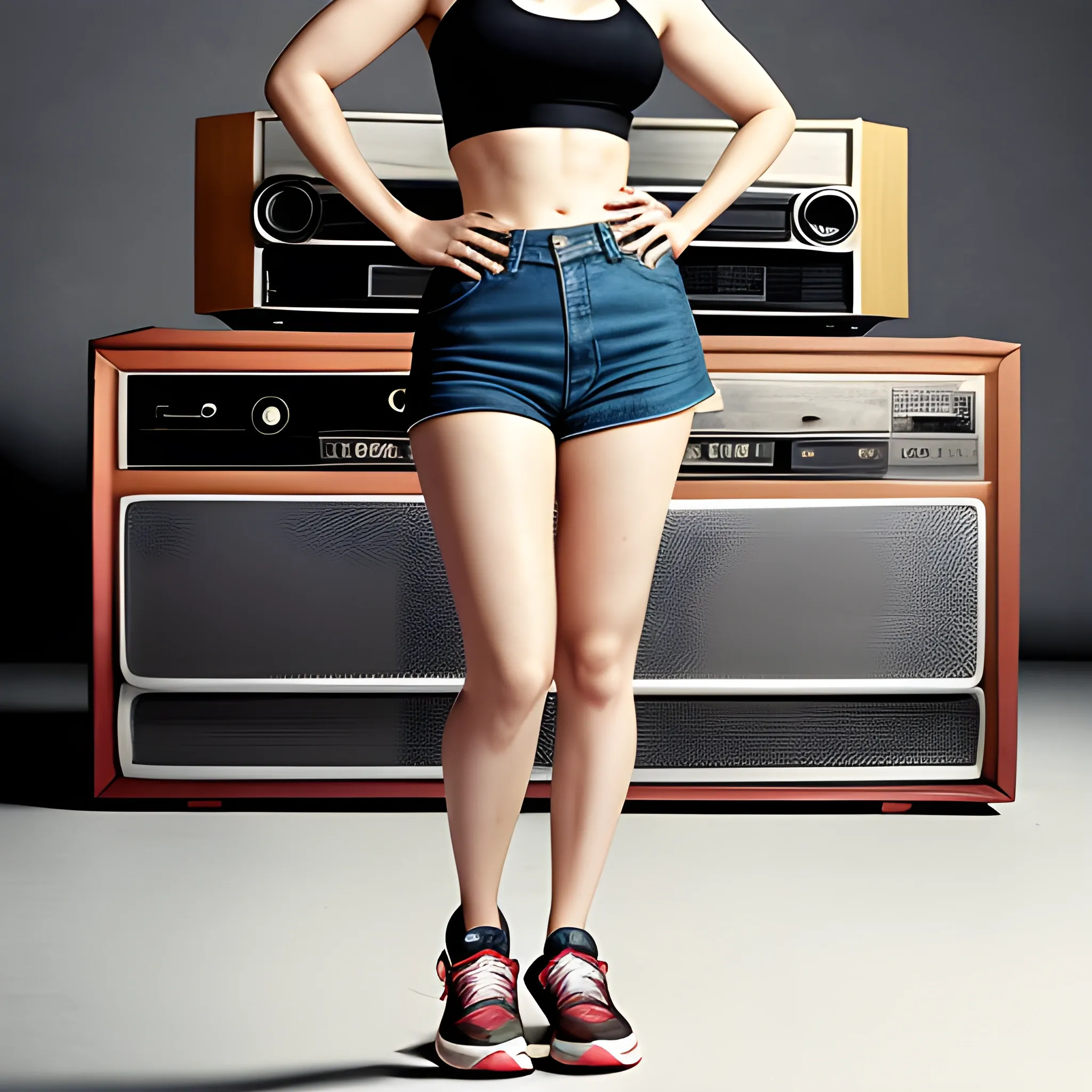 full body portrait of Scarlett Johansson wearing nike sneakers while standing on top a crushed vintage stereo,  