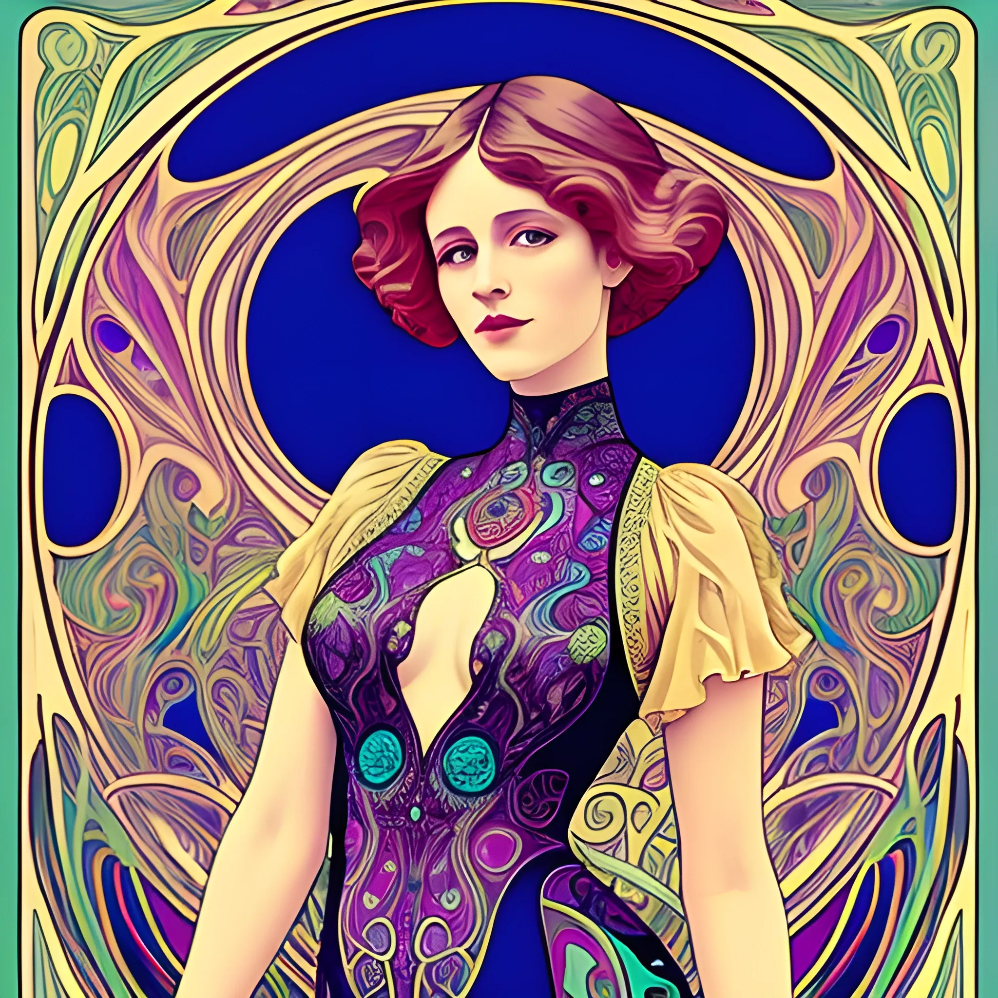 Art Nouveau painting, true aesthetics, stylish fashion shot of a beautiful woman posing in front of a psychedelic art nouveau style. Highly detailed, highest quality