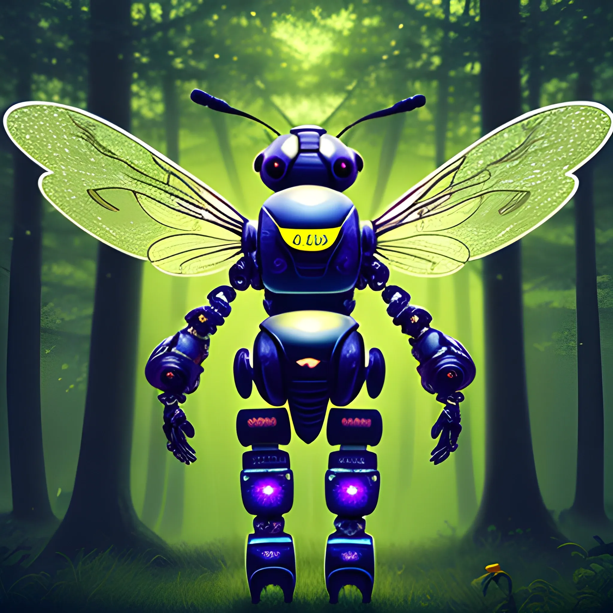 dreamlikeart robot bee, electronic member, view from rear, flying in a mystical forest, high details, intricate, complex world