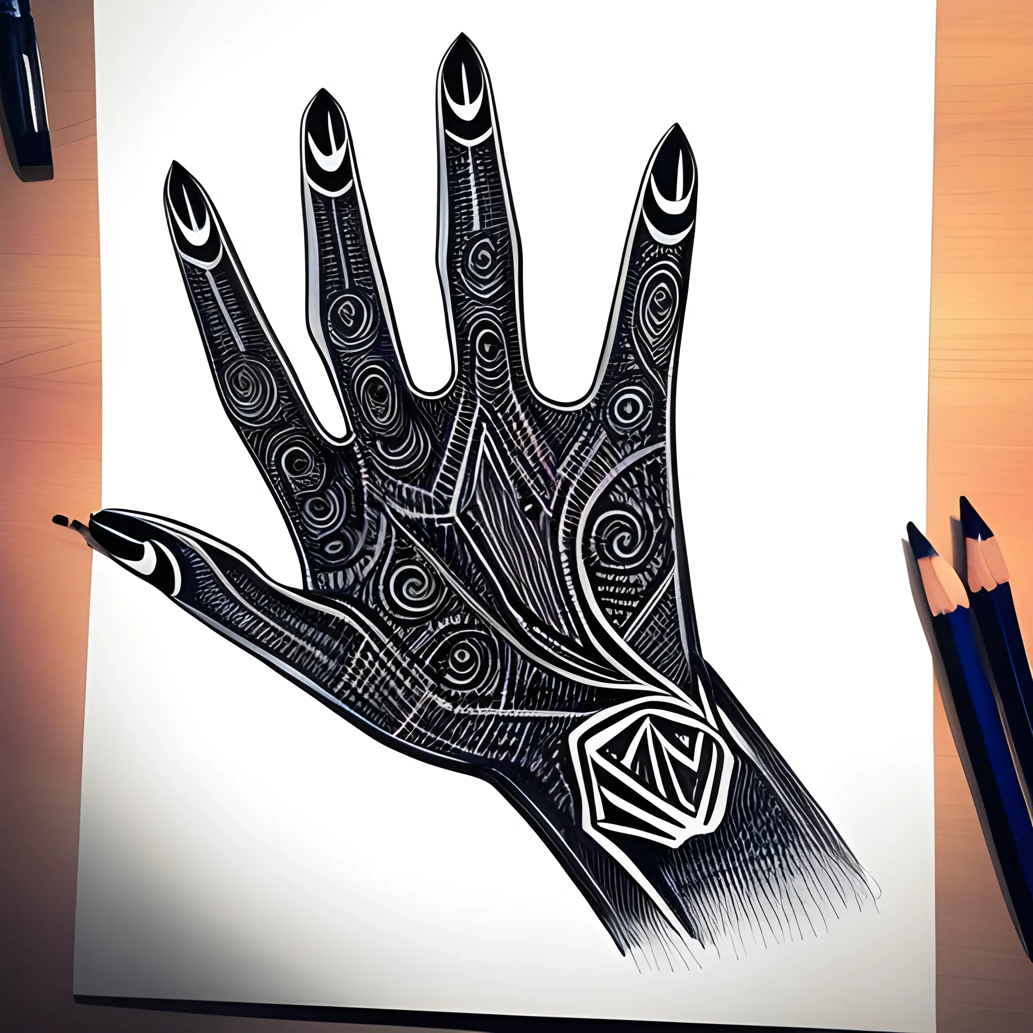 a drawing of a hand with a pattern on it, an abstract drawing by max gubler, instagram contest winner, funk art, childs drawing, art on instagram, myportfolio , Pencil Sketch