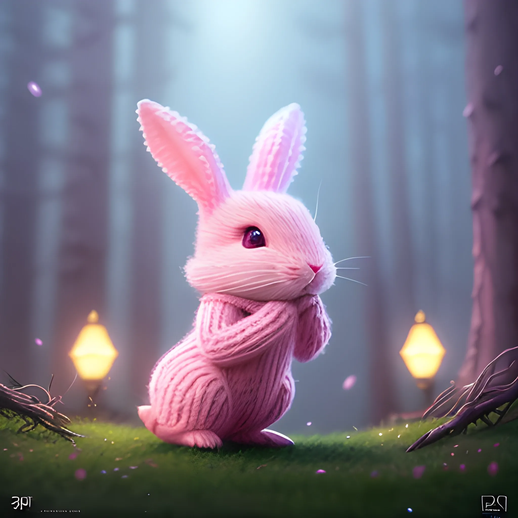 Pink cute bunny in a knitted hat, in the midst of flickering lights, a magical forest, lilac fog, wide angle, super highly detailed, professional digital painting, artstation, concept art, smooth, sharp focus, no blur, no dof, extreme illustration, Unreal Engine 5, Photorealism, HD quality, 8k resolution, cinema 4d, 3D, beautiful, cinematic, art by artgerm and greg rutkowski, 3D, Cartoon, Trippy,
