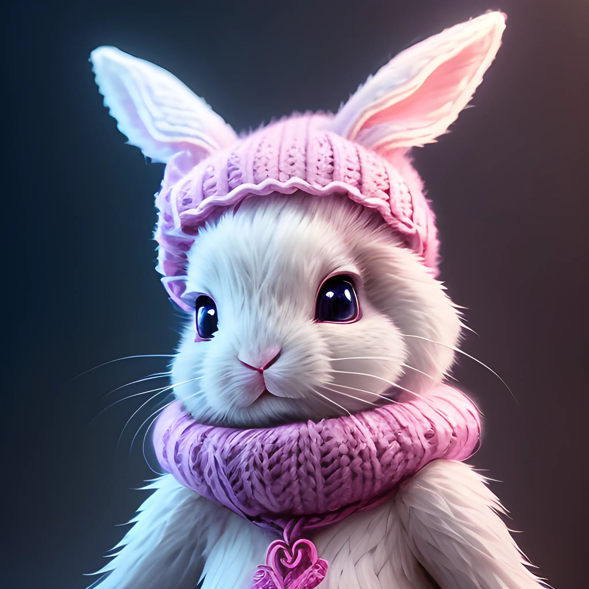 Pink cute bunny in a knitted hat, in the midst of flickering lights, a magical forest, lilac fog, wide angle, super highly detailed, professional digital painting, artstation, concept art, smooth, sharp focus, no blur, no dof, extreme illustration, Unreal Engine 5, Photorealism, HD quality, 8k resolution, cinema 4d, 3D, beautiful, cinematic, art by artgerm and greg rutkowski, Trippy,, Cartoon