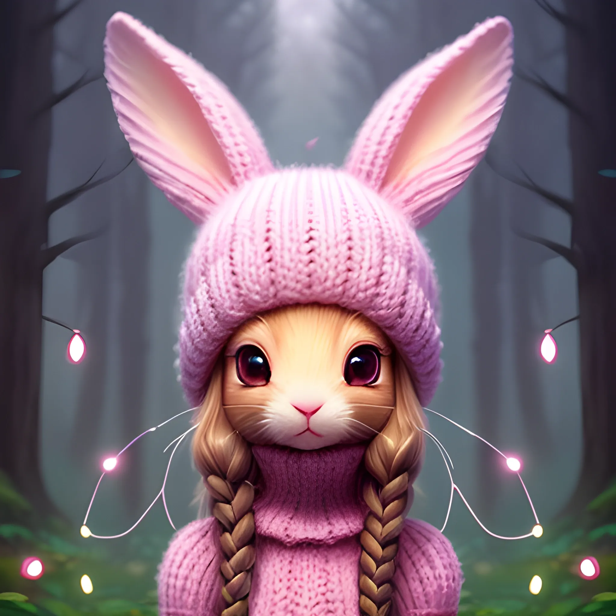 Pink cute bunny in a knitted hat, in the midst of flickering lights, a magical forest, lilac fog, wide angle, super highly detailed, professional digital painting, artstation, concept art, smooth, sharp focus, no blur, no dof, extreme illustration, Unreal Engine 5, Photorealism, HD quality, 8k resolution, cinema 4d, 3D, beautiful, cinematic, art by artgerm and greg rutkowski, Trippy, Trippy, Cartoon