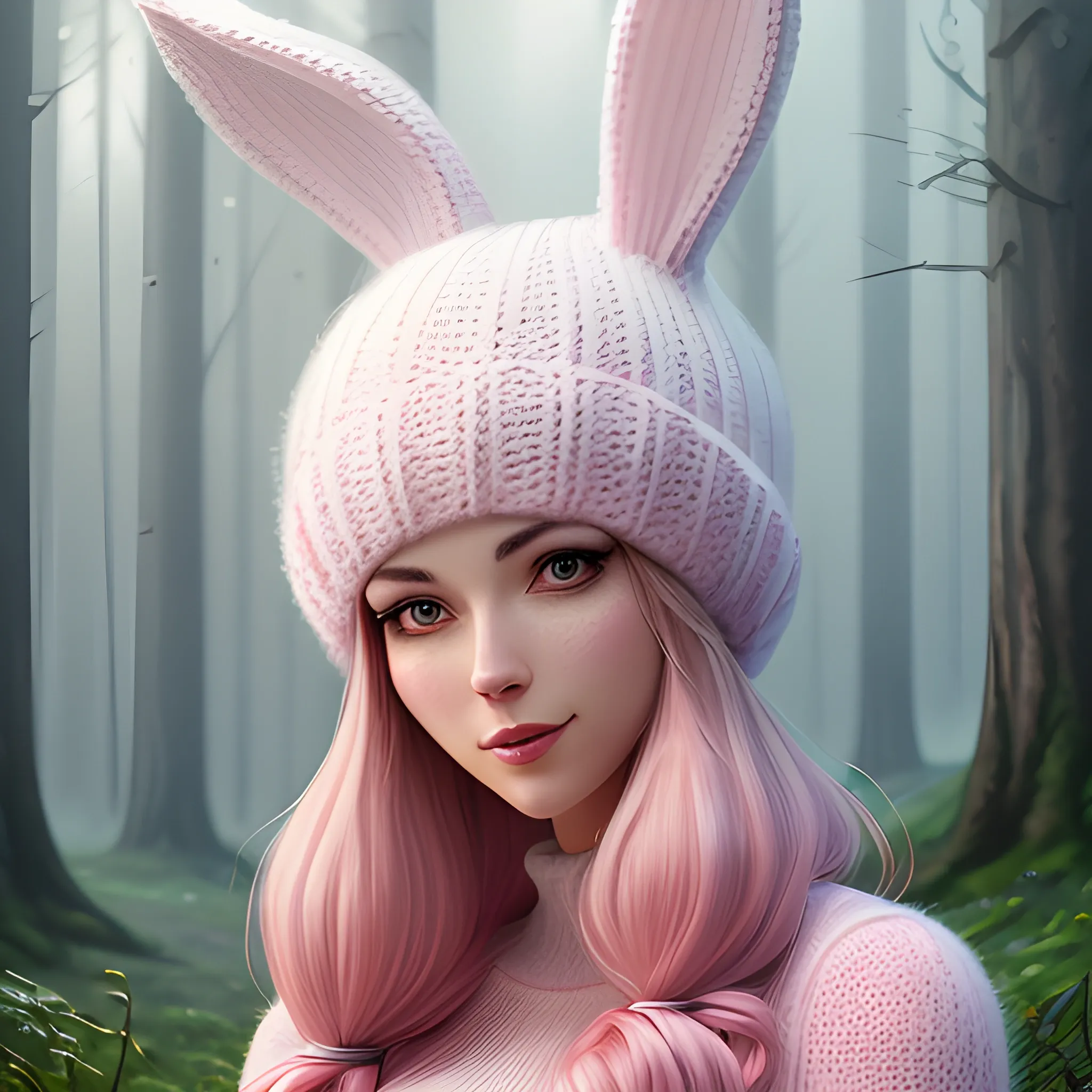 1bubby,animal,Pink cute bunny in a knitted hat, white,in the midst of flickering lights, a magical forest, lilac fog, wide angle, super highly detailed, professional digital painting, artstation, concept art, smooth, sharp focus, no blur, no dof, extreme illustration, Unreal Engine 5, Photorealism, HD quality, 8k resolution, cinema 4d, 3D, beautiful, cinematic, art by artgerm and greg rutkowski