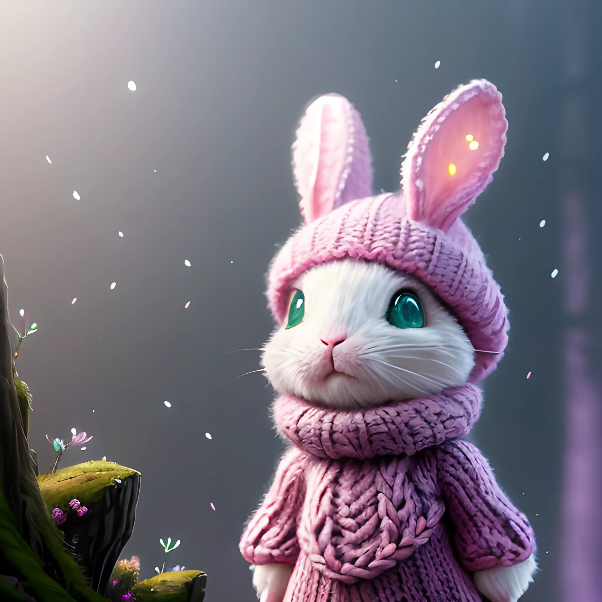 Pink cute bunny in a knitted hat,in the midst of flickering lights, a magical forest, lilac fog, wide angle, super highly detailed, professional digital painting, artstation, concept art, smooth, sharp focus, no blur, no dof, extreme illustration, Unreal Engine 5, Photorealism, HD quality, 8k resolution, cinema 4d, 3D, beautiful, cinematic, art by artgerm and greg rutkowski, , Cartoon, Trippy, Trippy, 3D