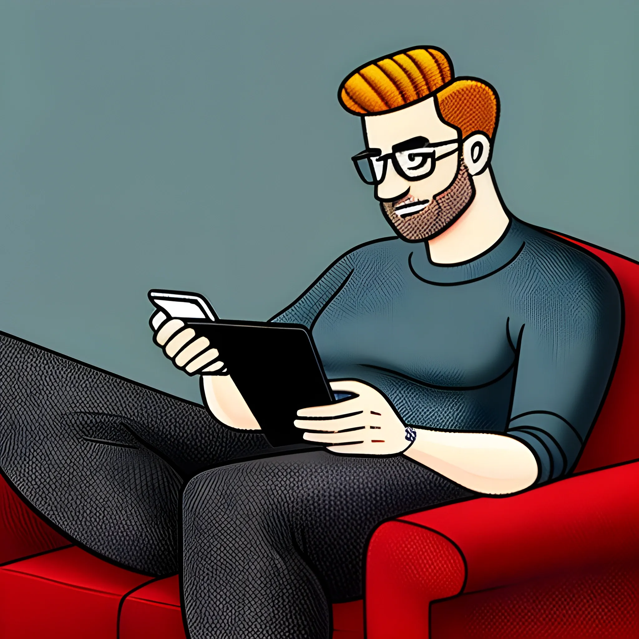 a boy scrolling in his phone, sitting on a sofa , Cartoon