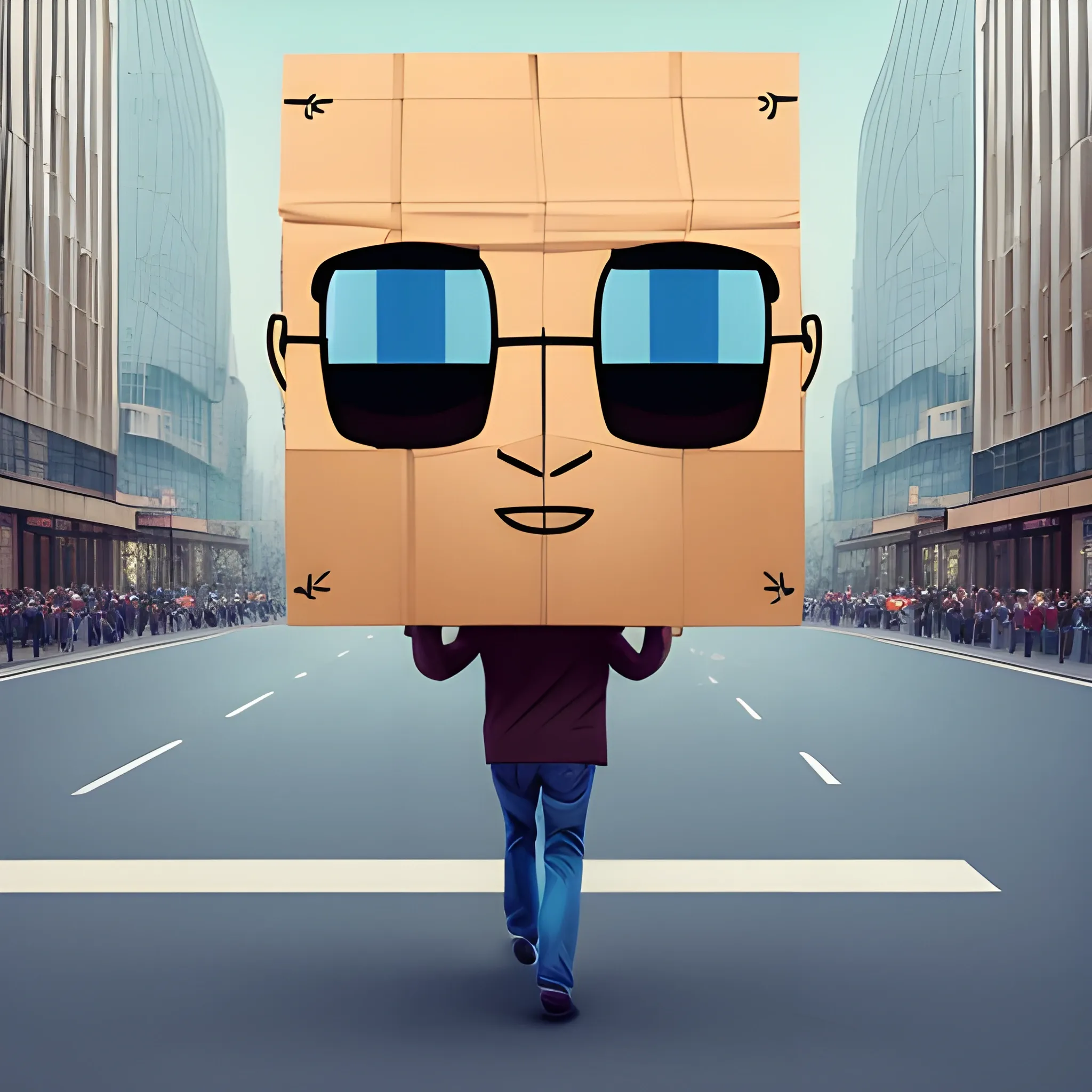 a person coming from a big phone, head has a video symbole, walking with bags of goods, realistic video head, buying things, Cartoon