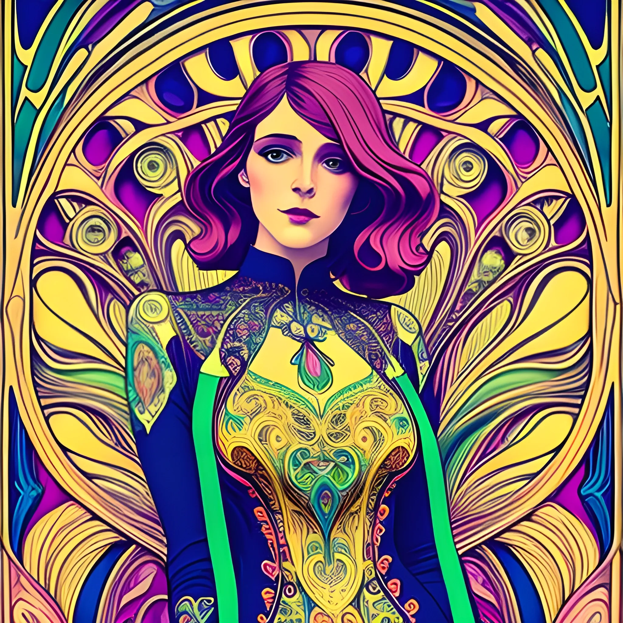 Art Nouveau painting, true aesthetics, stylish fashion shot of a beautiful woman posing in front of a psychedelic art nouveau style. Highly detailed, highest quality, 3D