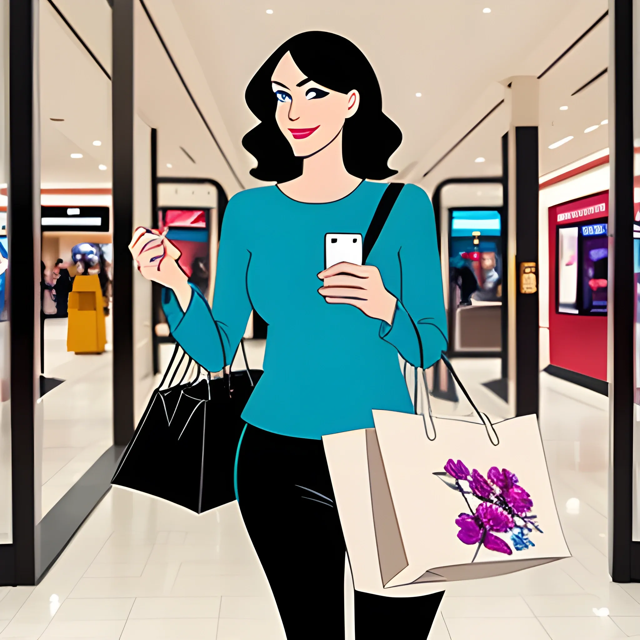 a girl watching phone, has bags in her other hand, walking out from a mall , Cartoon