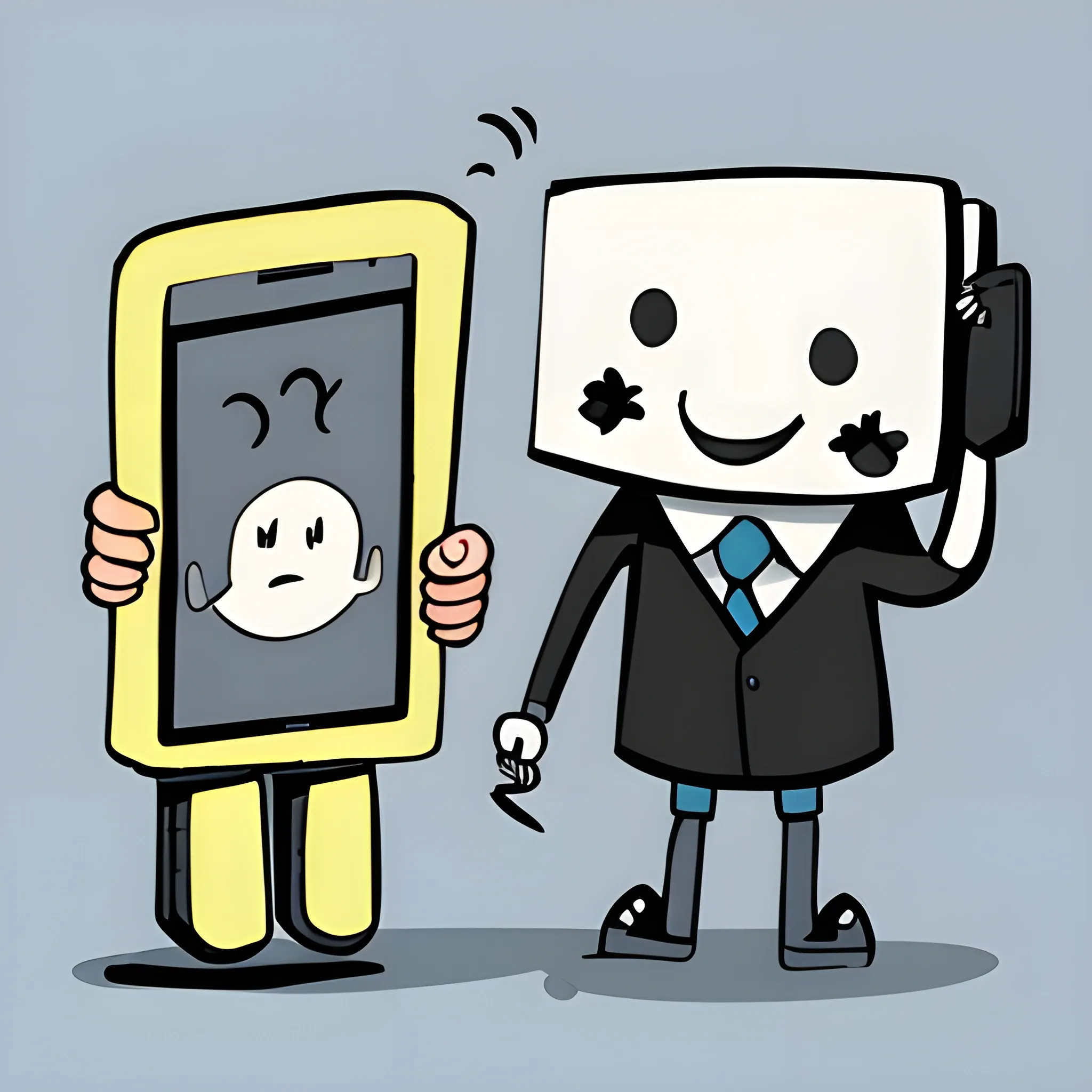 phone with legs and hands, phone with smily face, phone has bags in its hands, Cartoon