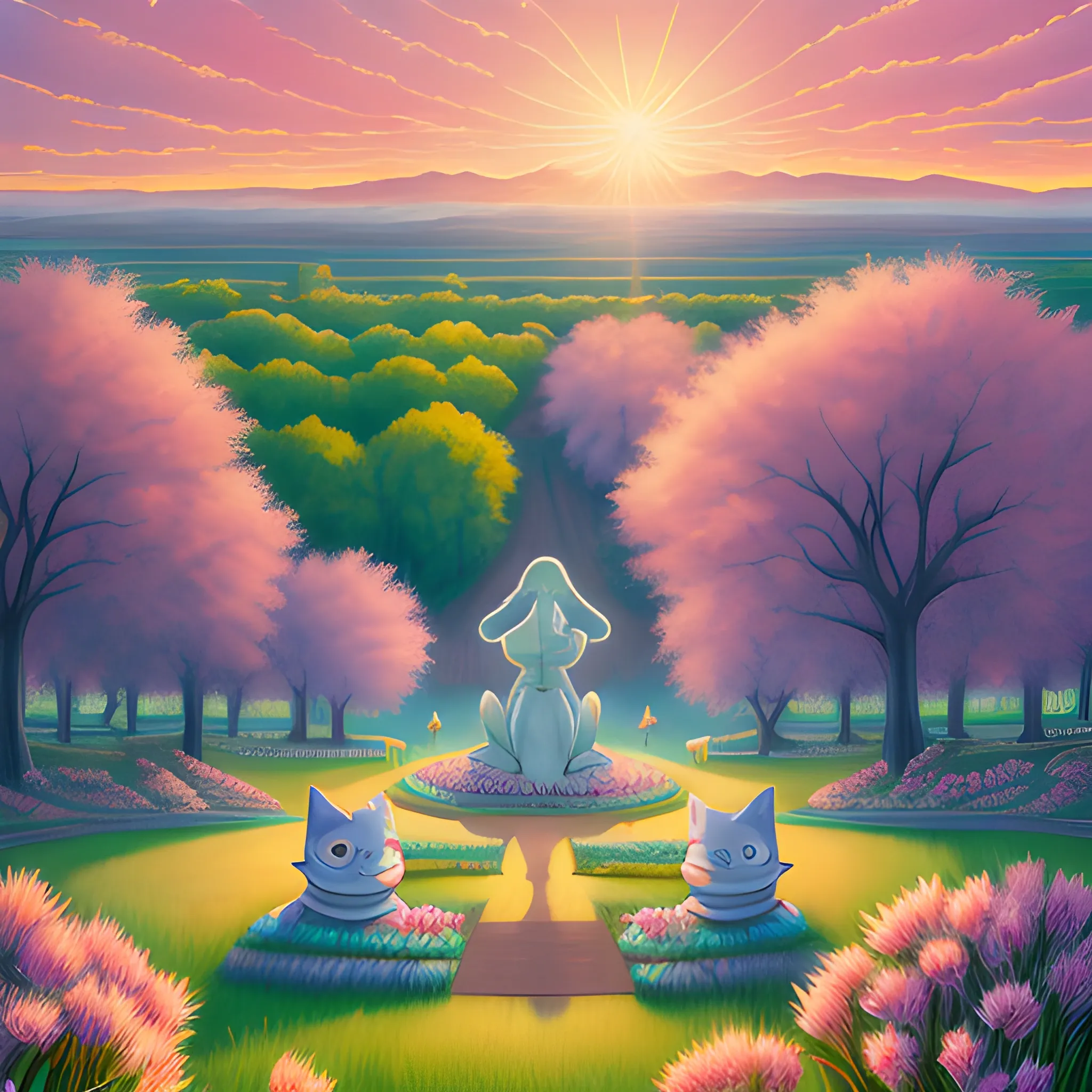 Original style, Mary Alligan and Loish at the dawn of spring, panoramic wide angle photo, Beaux Arts and Memphis style, best quality, high resolution, extremely detailed, Cartoon