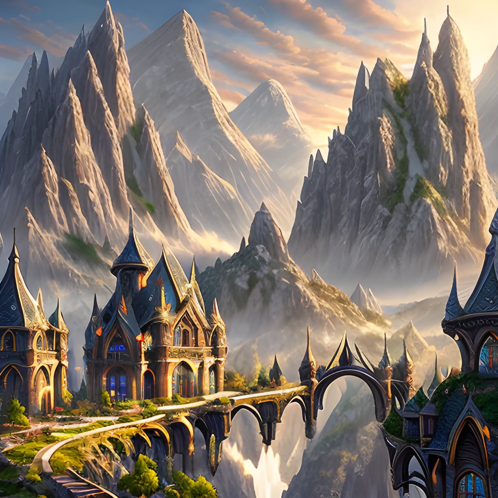 elven city in the mountains, elegant, sunny, impressive, high-detail, digital art