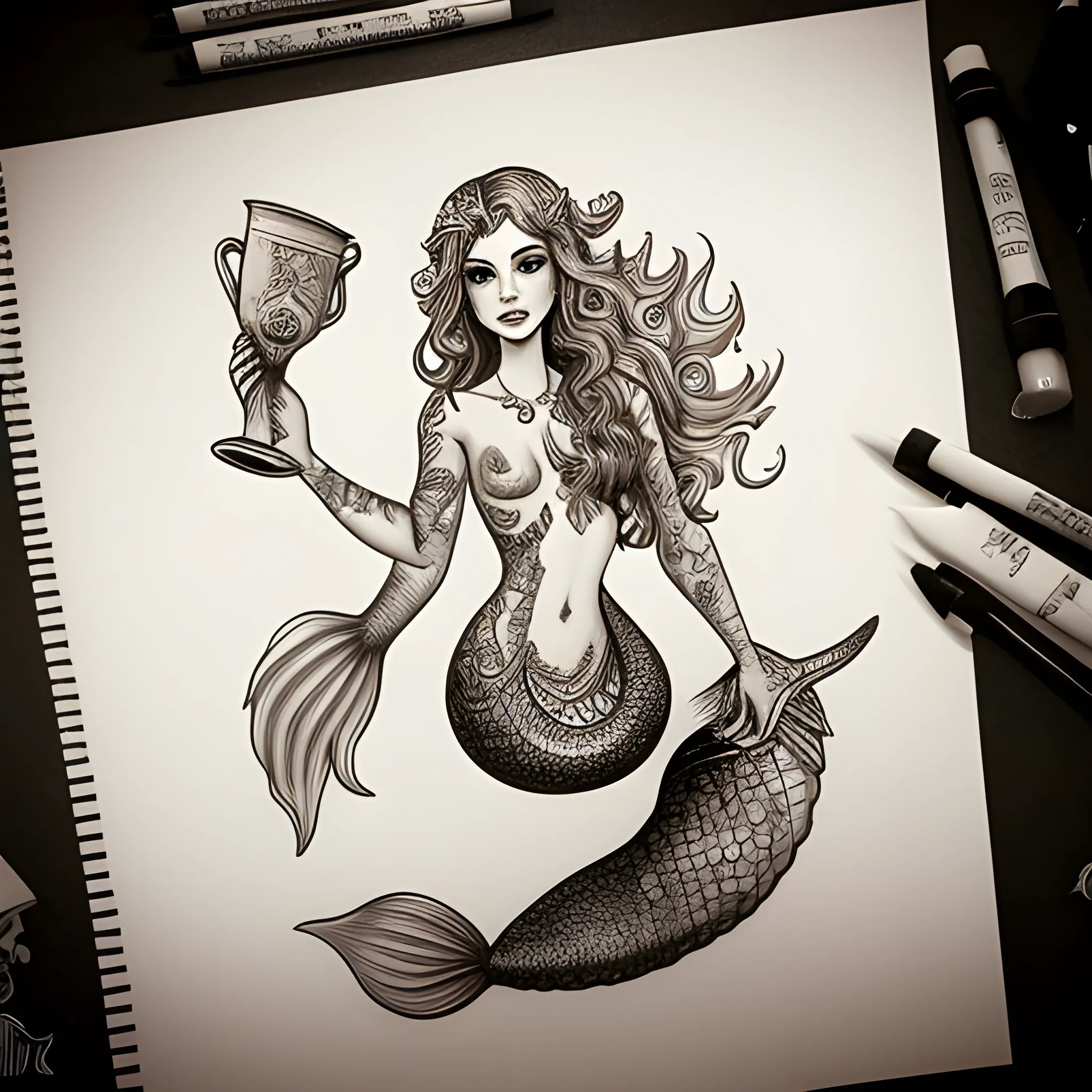 tattoo sketch mermaid with jug traditional style - Arthub.ai