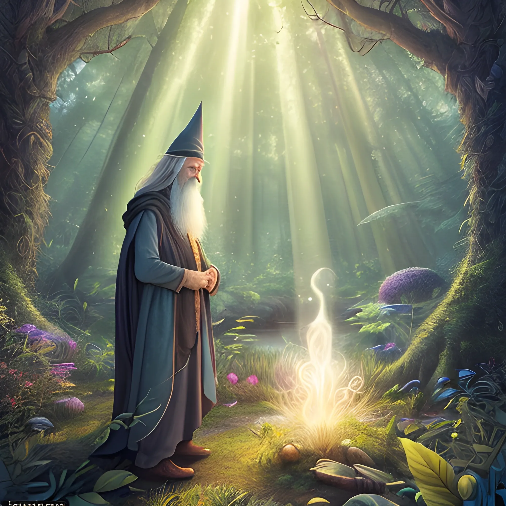 A photorealistic illustration depicting a wizard in a magical enchanted forest. The illustration showcases the wizards adorable and innocent appearance, surrounded by vibrant and enchanting elements of the magical forest and huge lake. The lighting in the scene adds a sense of wonder and mystery, with rays of sunlight filtering through the canopy of trees. The foliage and flora in the forest are depicted with rich colors and intricate details, creating a visually captivating environment. The illustration captures the emotions of the wizard, evoking a sense of curiosity, vulnerability, and the desire to find his way back home., Cartoon