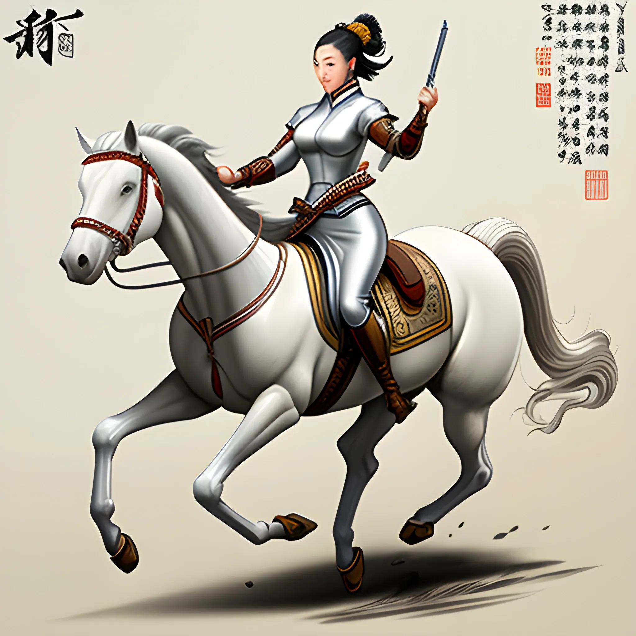 Girl on horseback, ancient Chinese style, holding an ancient weapon silver gun, galloping horse, dramatic, milky white with light yellow, thick line oil painting style