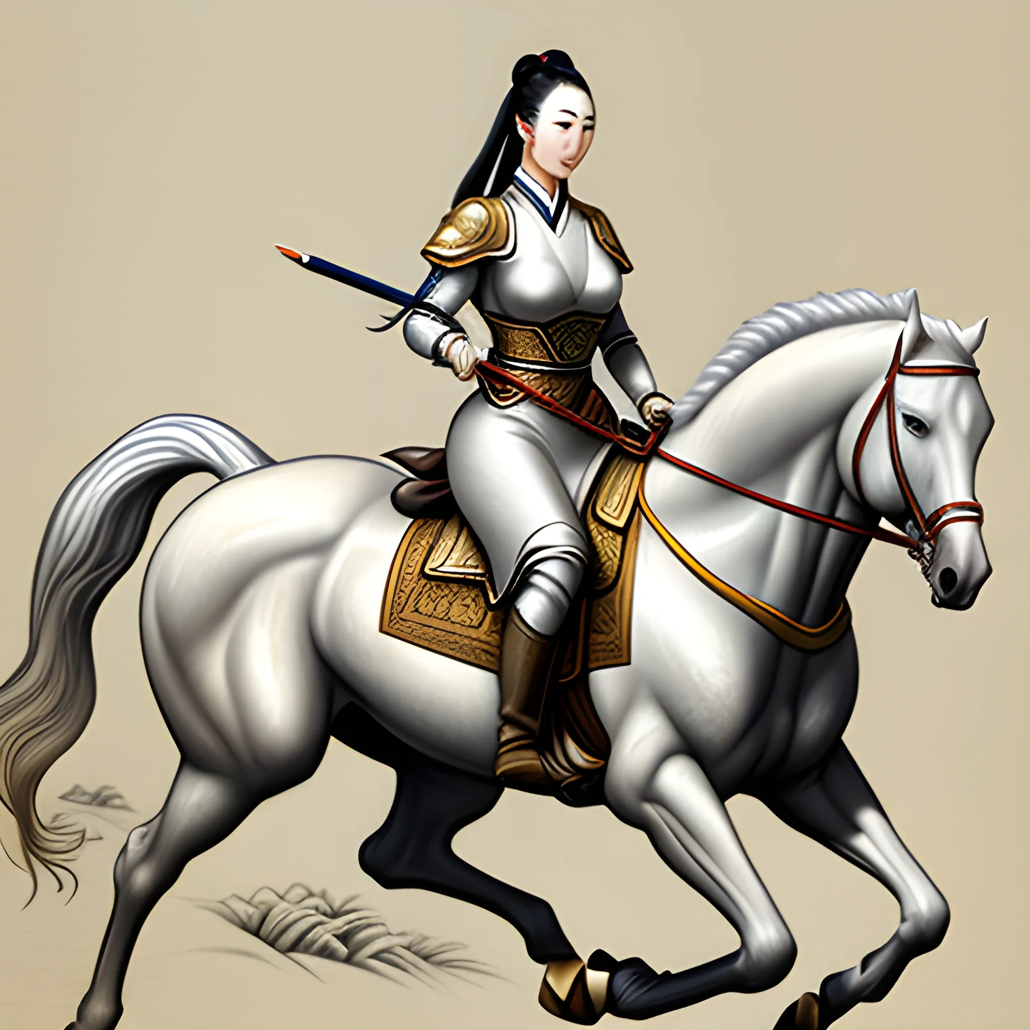 Girl on horseback, ancient Chinese style, holding an ancient weapon silver gun, galloping horse, dramatic, milky white with light yellow, thick line oil painting style, Pencil Sketch