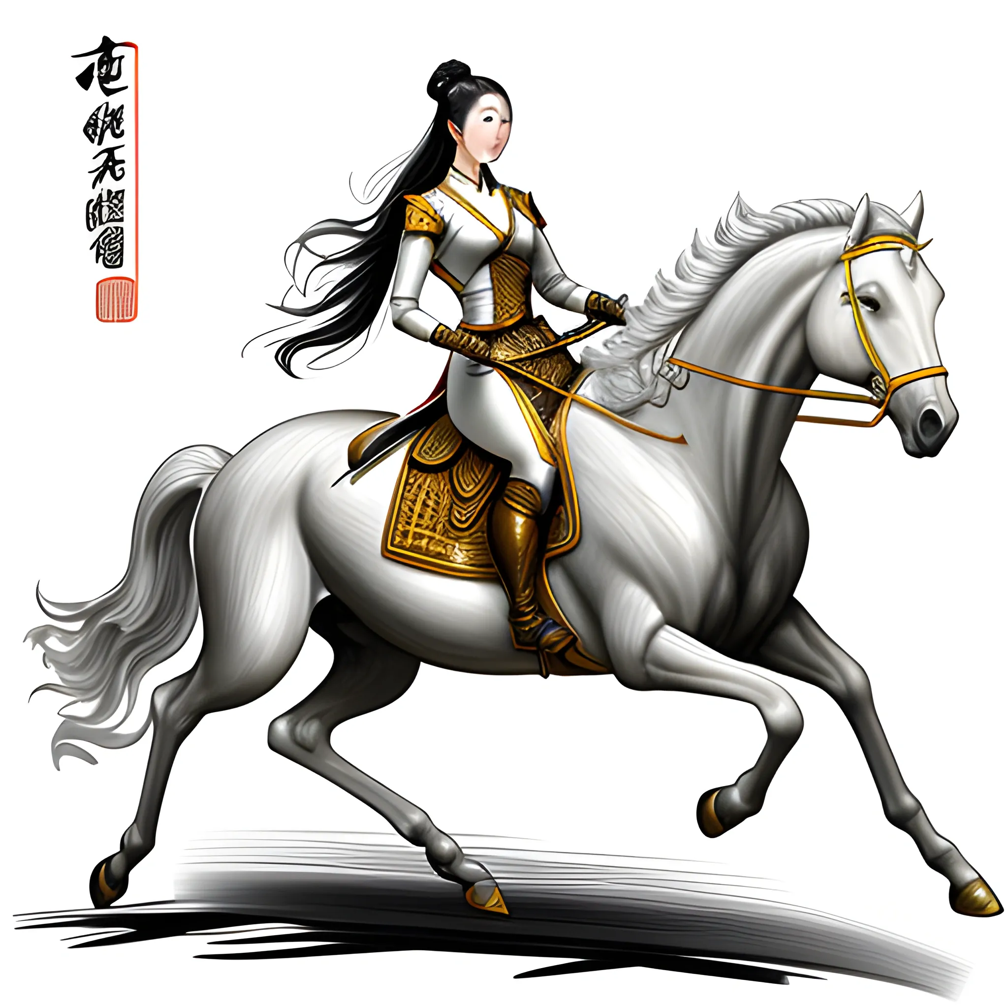 Girl on horseback, ancient Chinese style, holding an ancient weapon silver gun, galloping horse, dramatic, milky white with light yellow, thick line oil painting style, Pencil Sketch