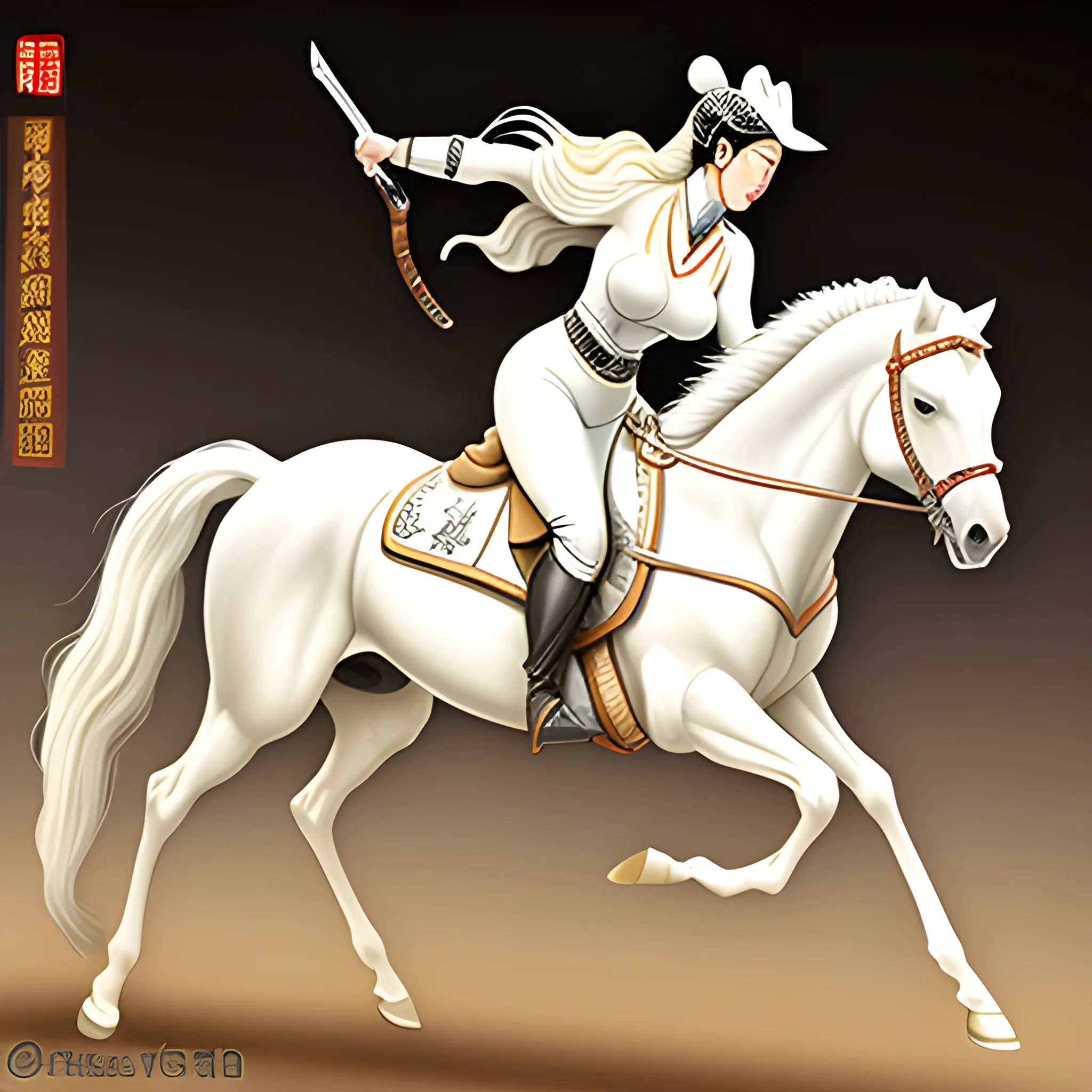 Girl on horseback, beautiful detailed face, ancient Chinese style, holding an ancient weapon silver gun, galloping horse, dramatic, milky white with light yellow, thick line oil painting style