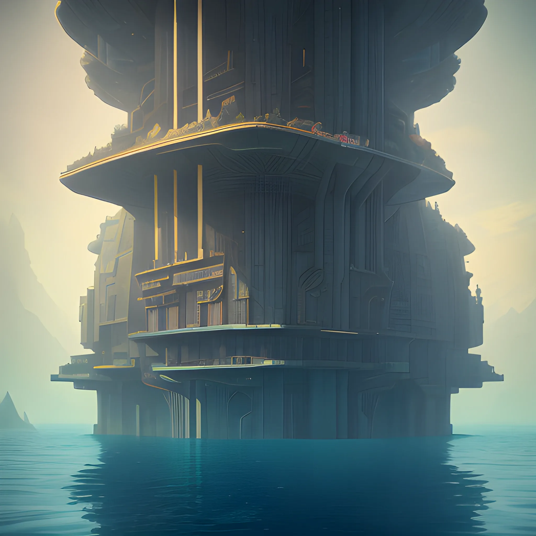 immense architectural structure underwater, Atelier Firis, Filip Hodas, art by Joseph-mallord William Turner, art by Wassily Kandinsky - Photo, frazetta, high octane render