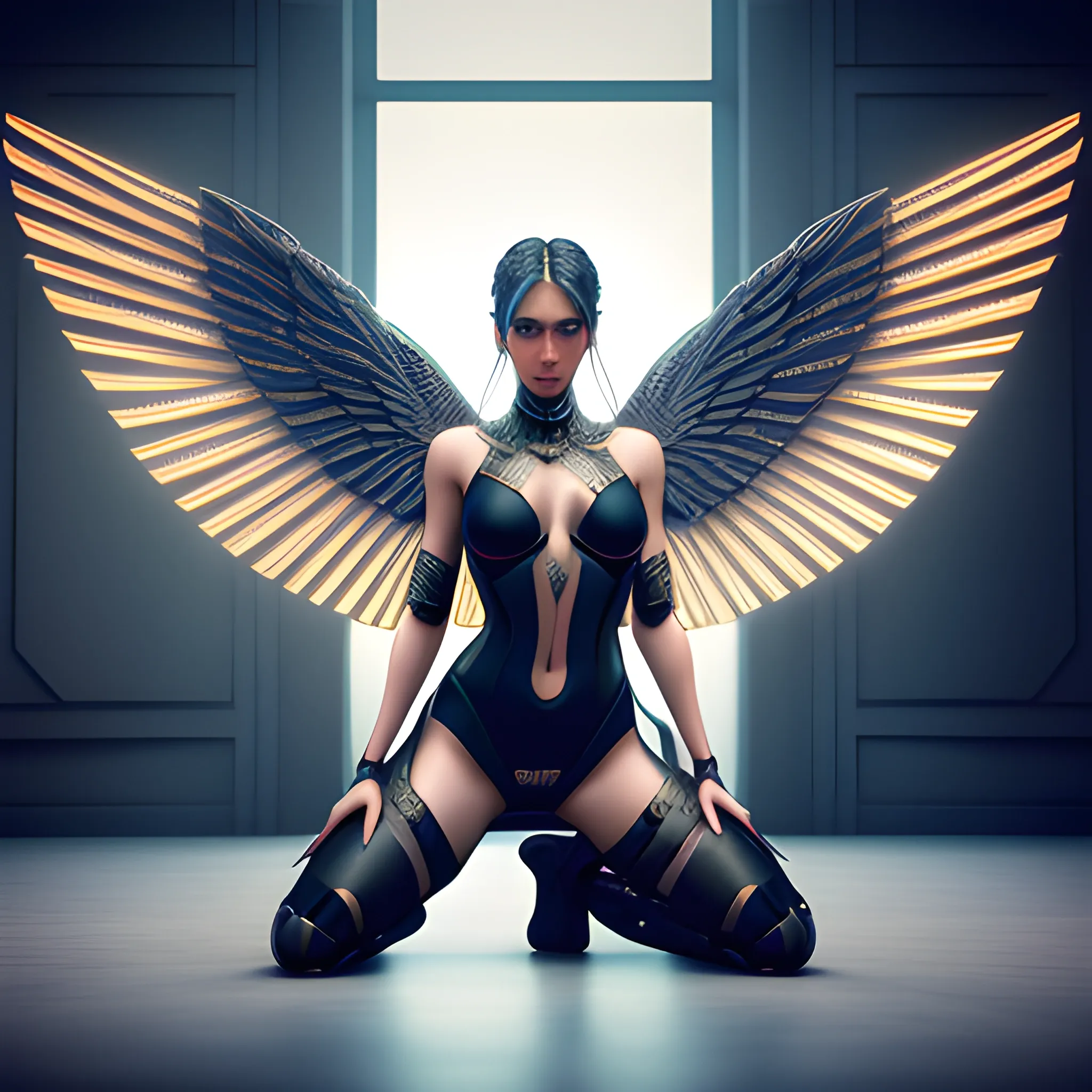 mdjrny-v4 style, kneeling, symmetric, intricate, centered 3d render ultra detailed of a beautiful isis covered woman with wings, 50 mm, beautiful studio soft light, rim light, vibrant details, luxurious antic, hyperrealistic, anatomical, facial muscles, blade runner atmosphere , elegant, octane render, by caravaggio photos style, 8k