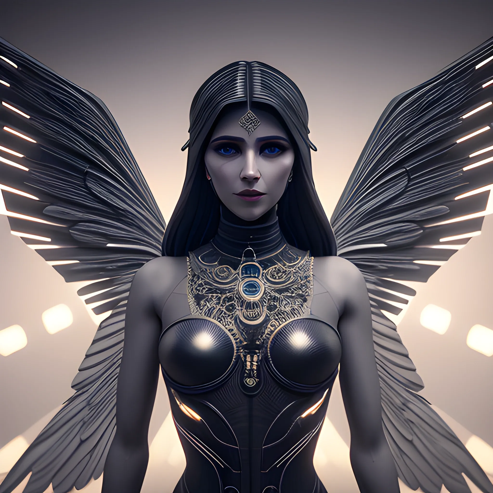 mdjrny-v4 style, standing, symmetric, intricate, centered 3d render ultra detailed of a beautiful isis covered woman with wings, 50 mm, beautiful studio soft light, rim light, vibrant details, luxurious antic, hyperrealistic, anatomical, facial muscles, blade runner atmosphere , elegant, octane render, by caravaggio photos style, 8k