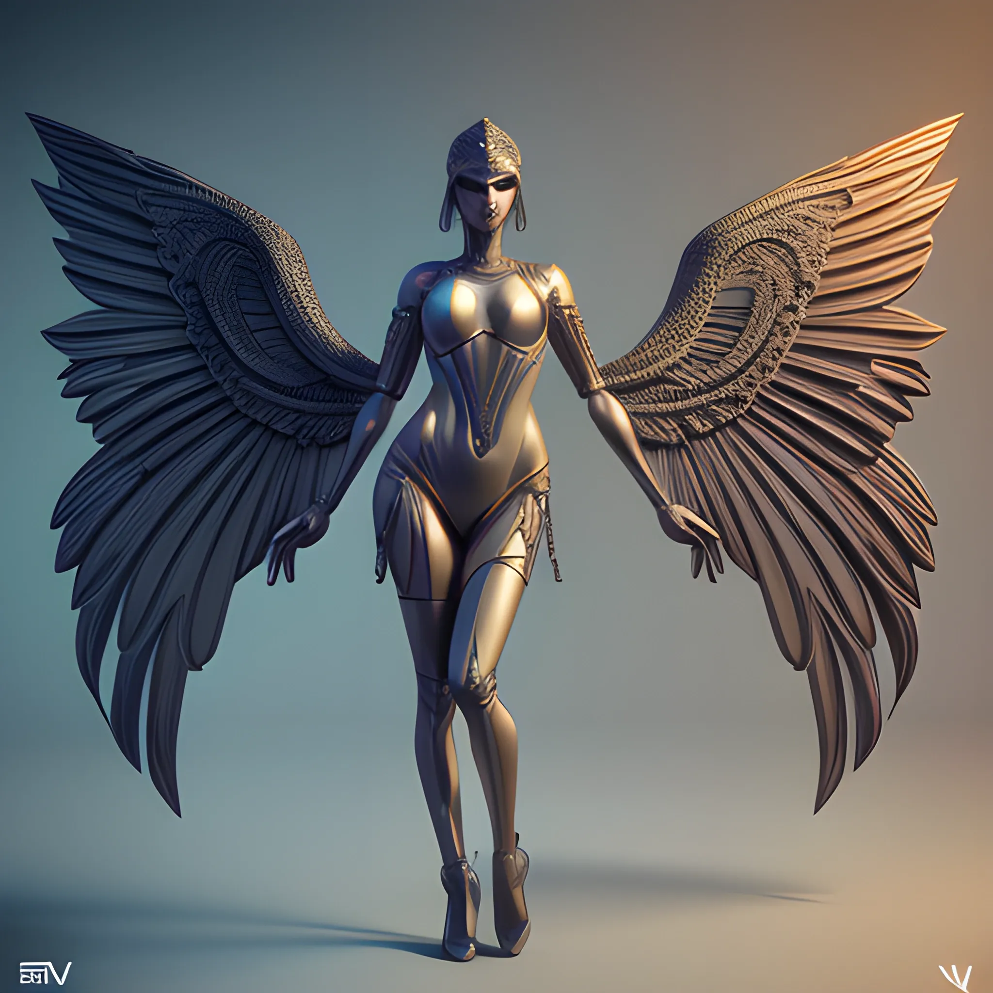 mdjrny-v4 style, standing, symmetric, intricate, centered 3d render ultra detailed of a beautiful isis covered woman with wings, 150 mm, rim light, vibrant details, luxurious antic, hyperrealistic, anatomical, facial muscles, blade runner atmosphere , elegant, octane render, by caravaggio photos style, 8k