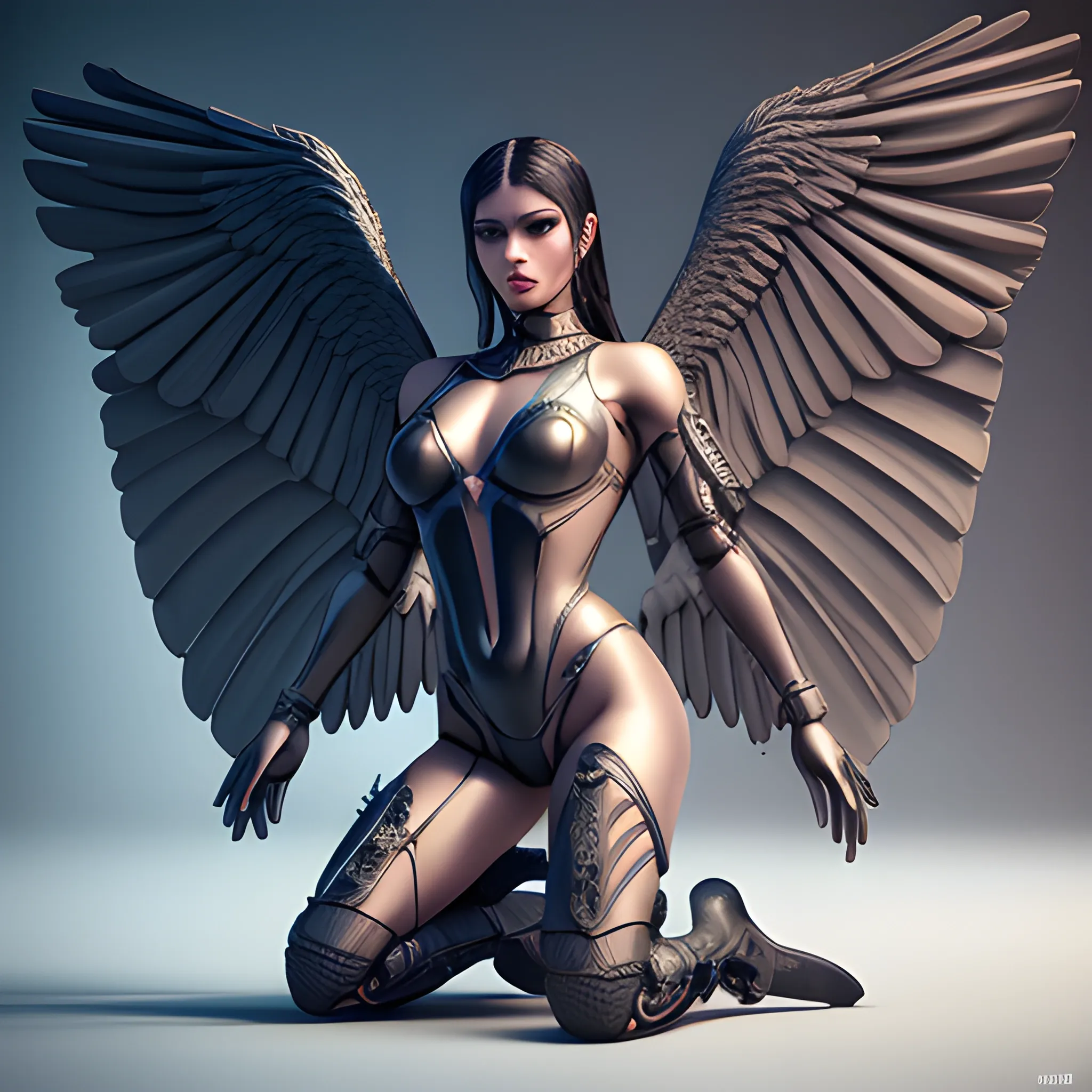 mdjrny-v4 style, kneeling, symmetric, intricate, centered 3d render ultra detailed of a beautiful isis covered woman with wings, 50 mm, beautiful studio soft light, rim light, vibrant details, luxurious antic, hyperrealistic, anatomical, facial muscles, blade runner atmosphere , elegant, octane render, by caravaggio photos style, 8k