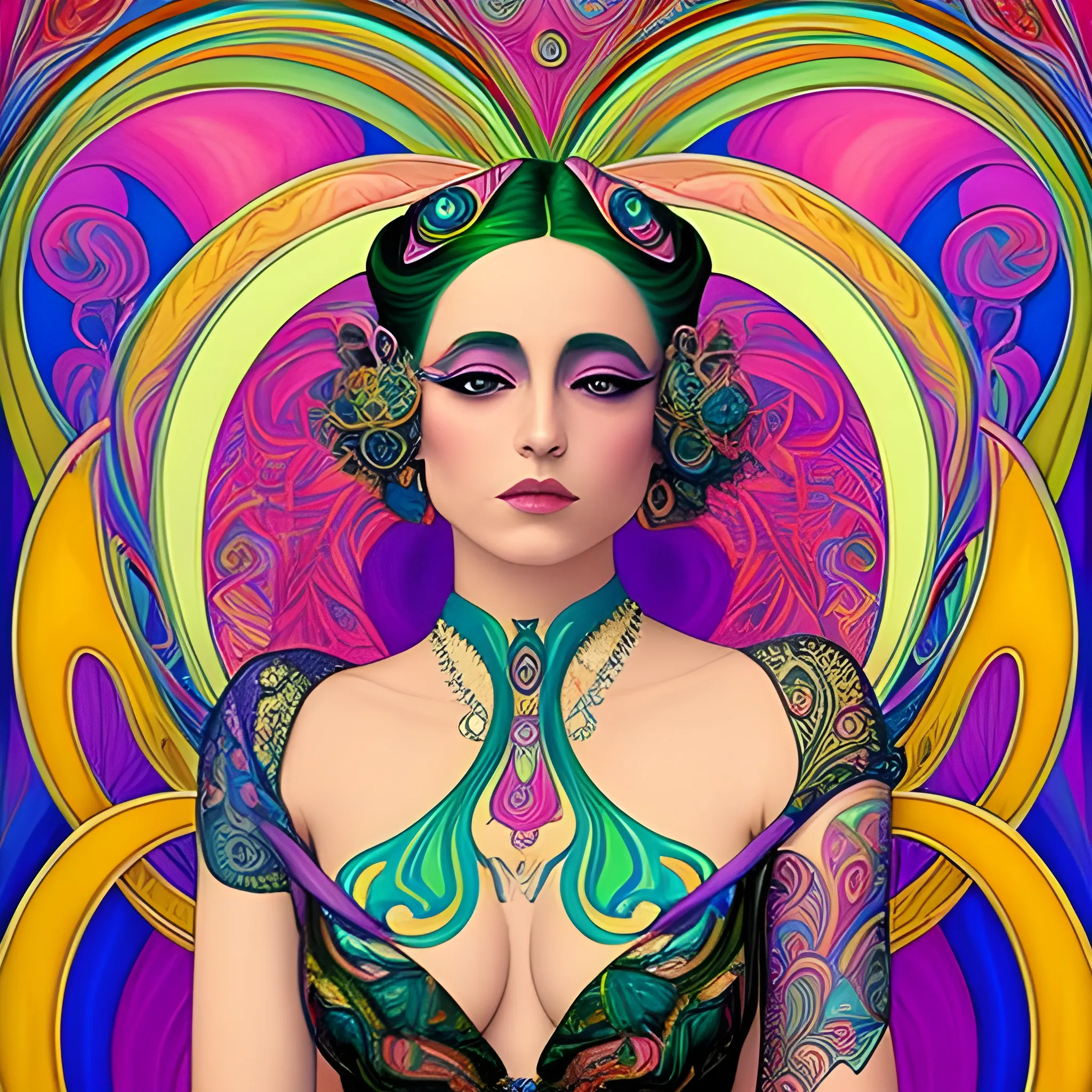 Vargas painting, true aesthetics, stylish fashion shot of a beautiful woman posing in front of a psychedelic art nouveau style. Highly detailed, highest quality