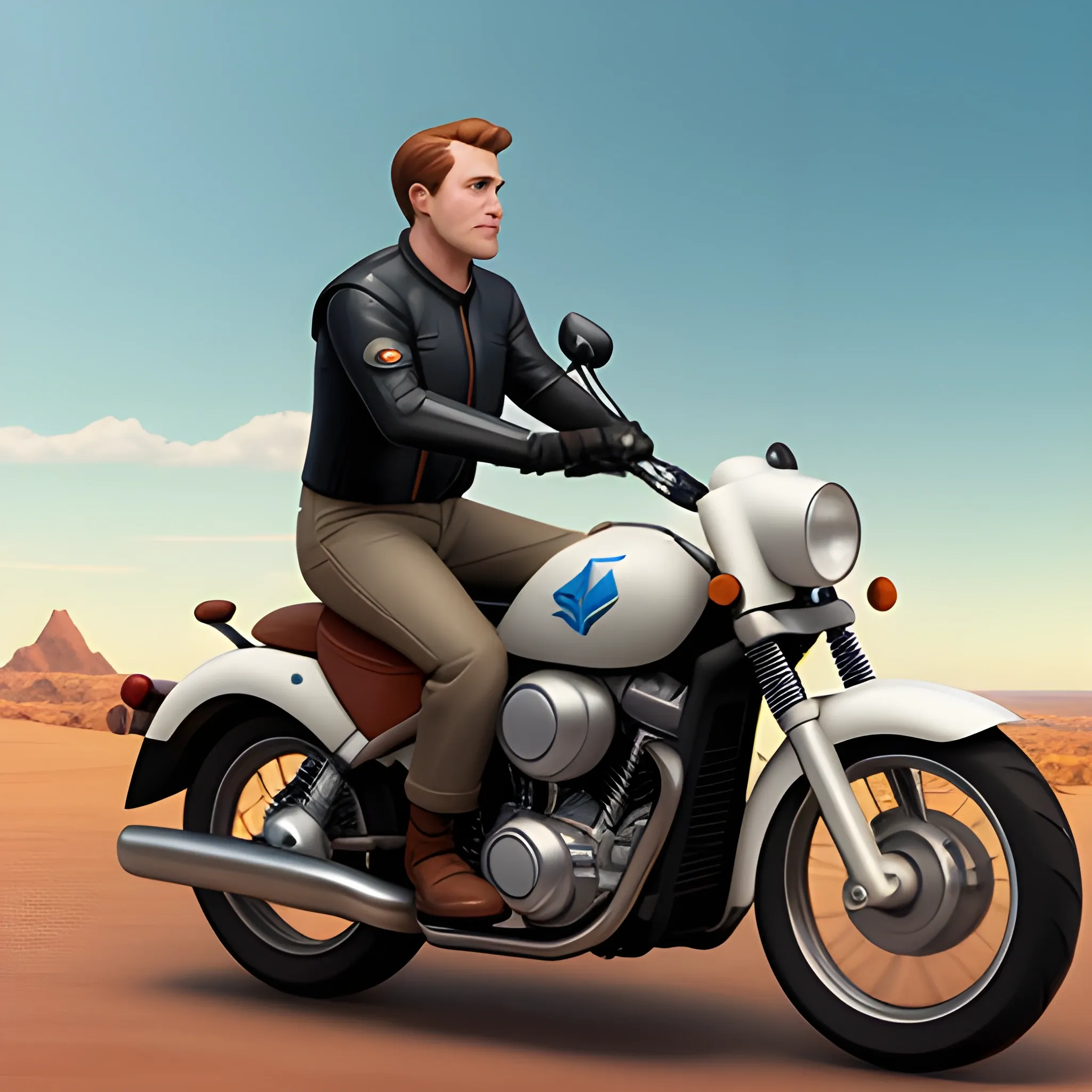 white man on top of a motorbike looking at the horizon 8k realistic disney pixar style character