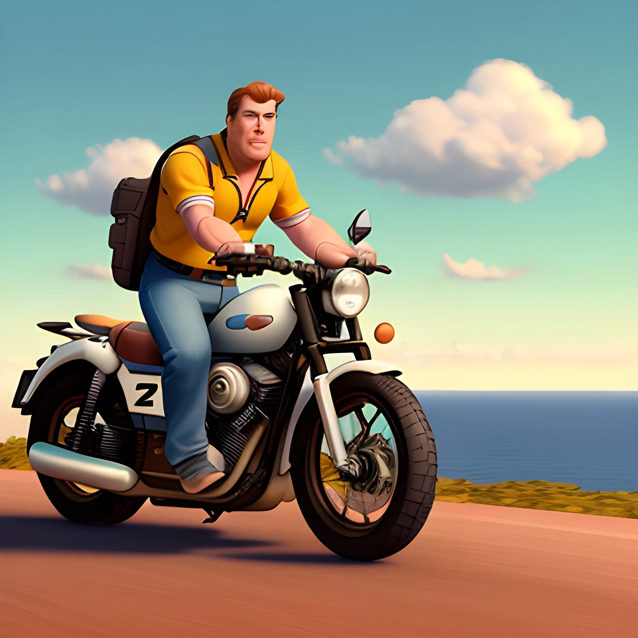 white man on top of a motorbike looking at the horizon 8k realistic disney pixar style character