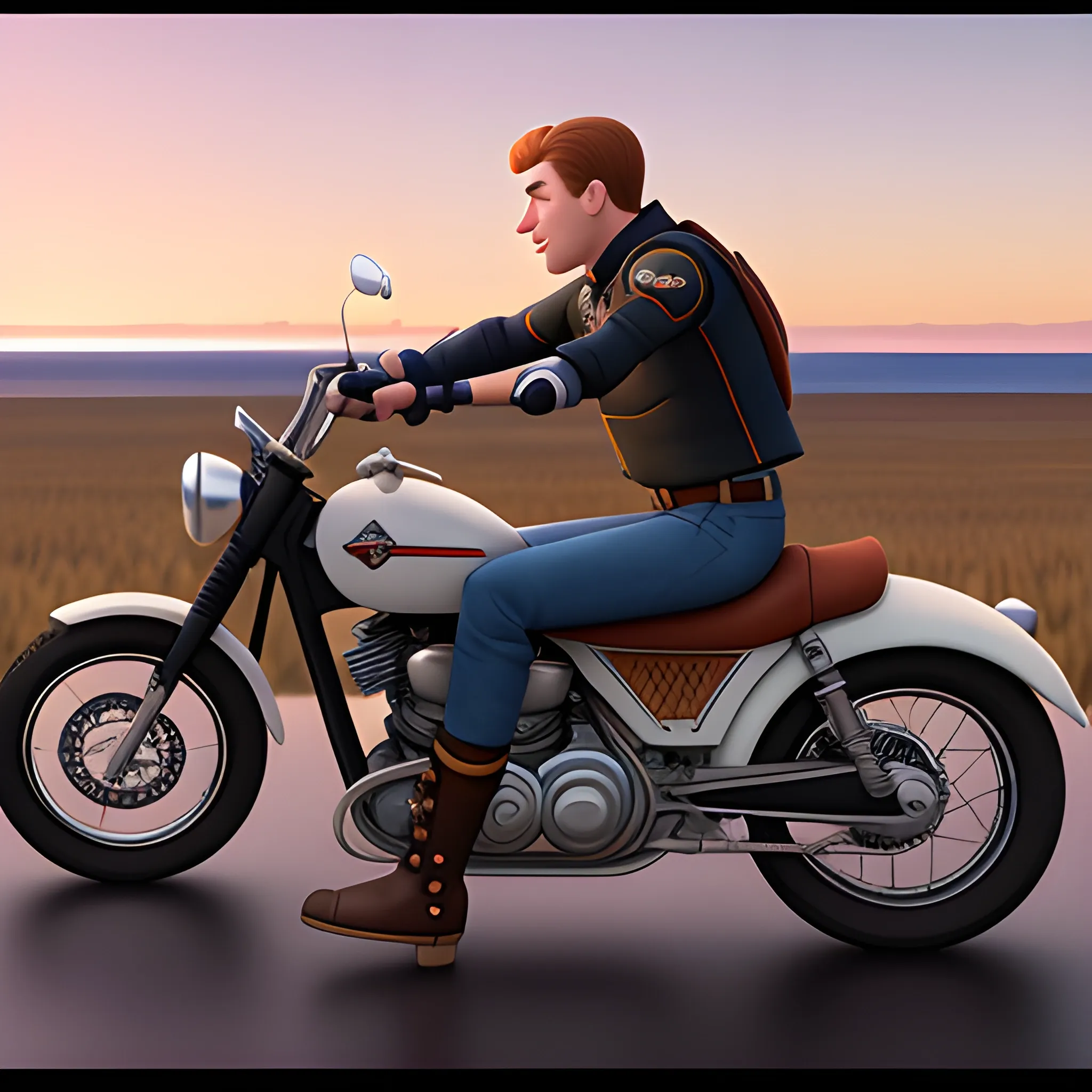 white man on top of a motorbike looking at the horizon 8k realistic disney pixar style character, Cartoon