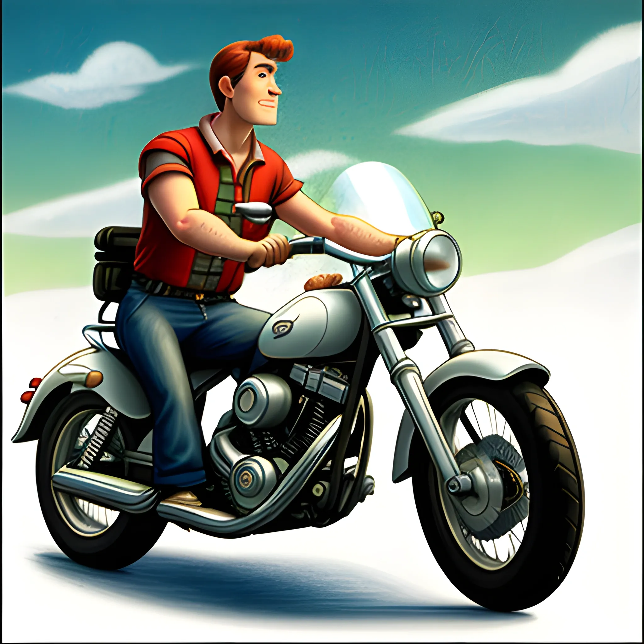 white man on top of a motorbike looking at the horizon 8k realistic disney pixar style character, Cartoon, Pencil Sketch