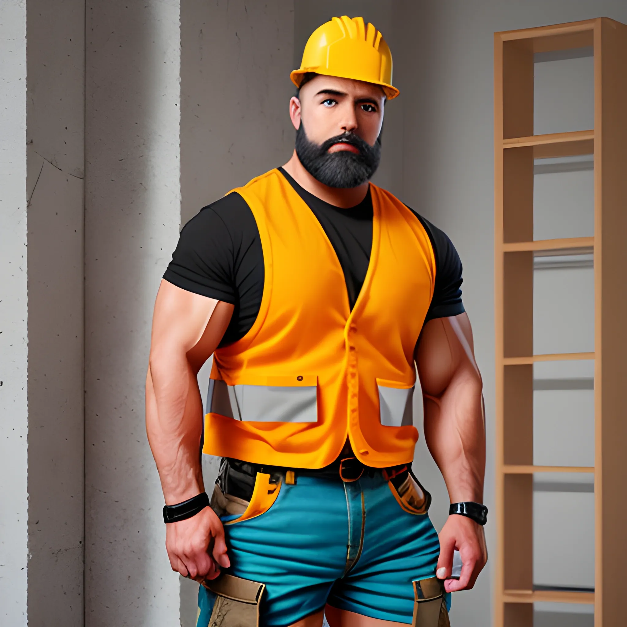 create a muscled bearded construction worker wearing short pants
